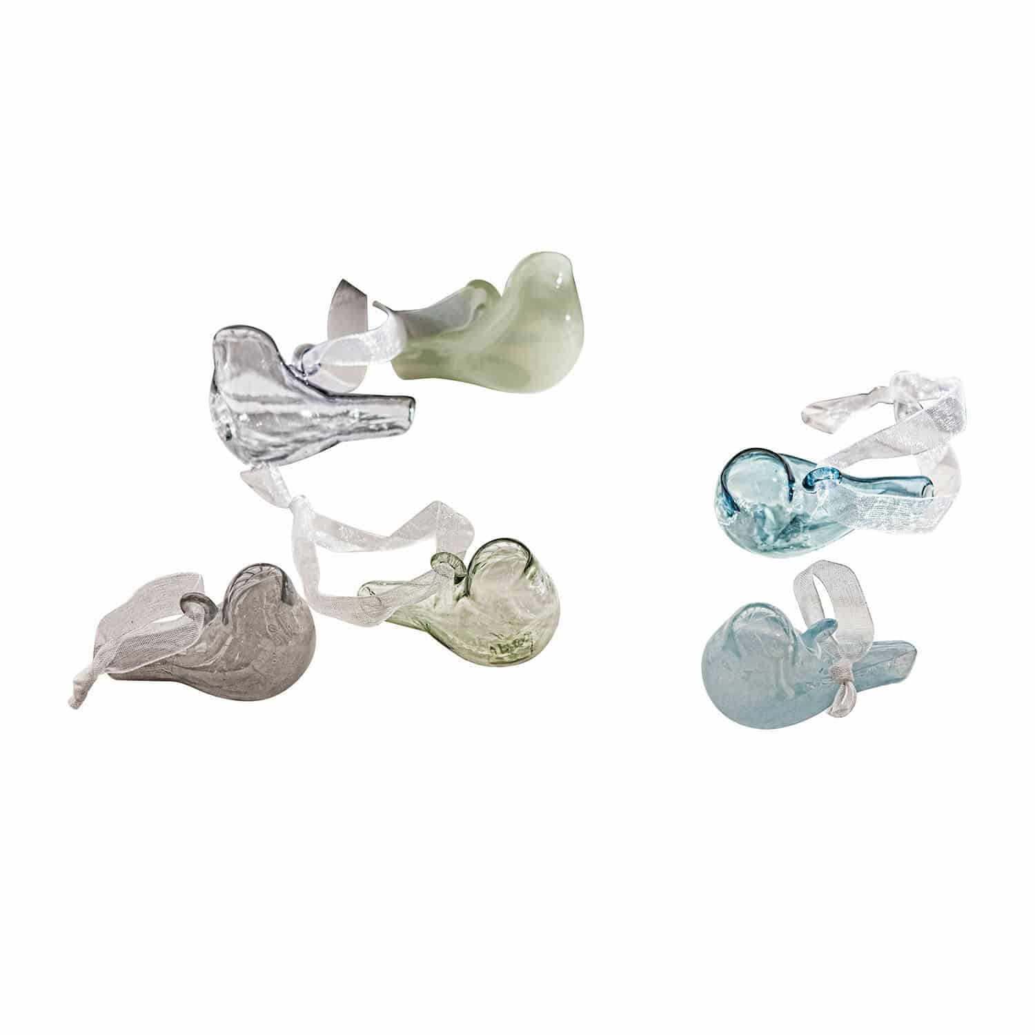 Lot de 6 oiseaux décoratifs Vouvry Ensemble d'oiseaux décoratifs en verre coloré avec rubans blancs pour suspension
