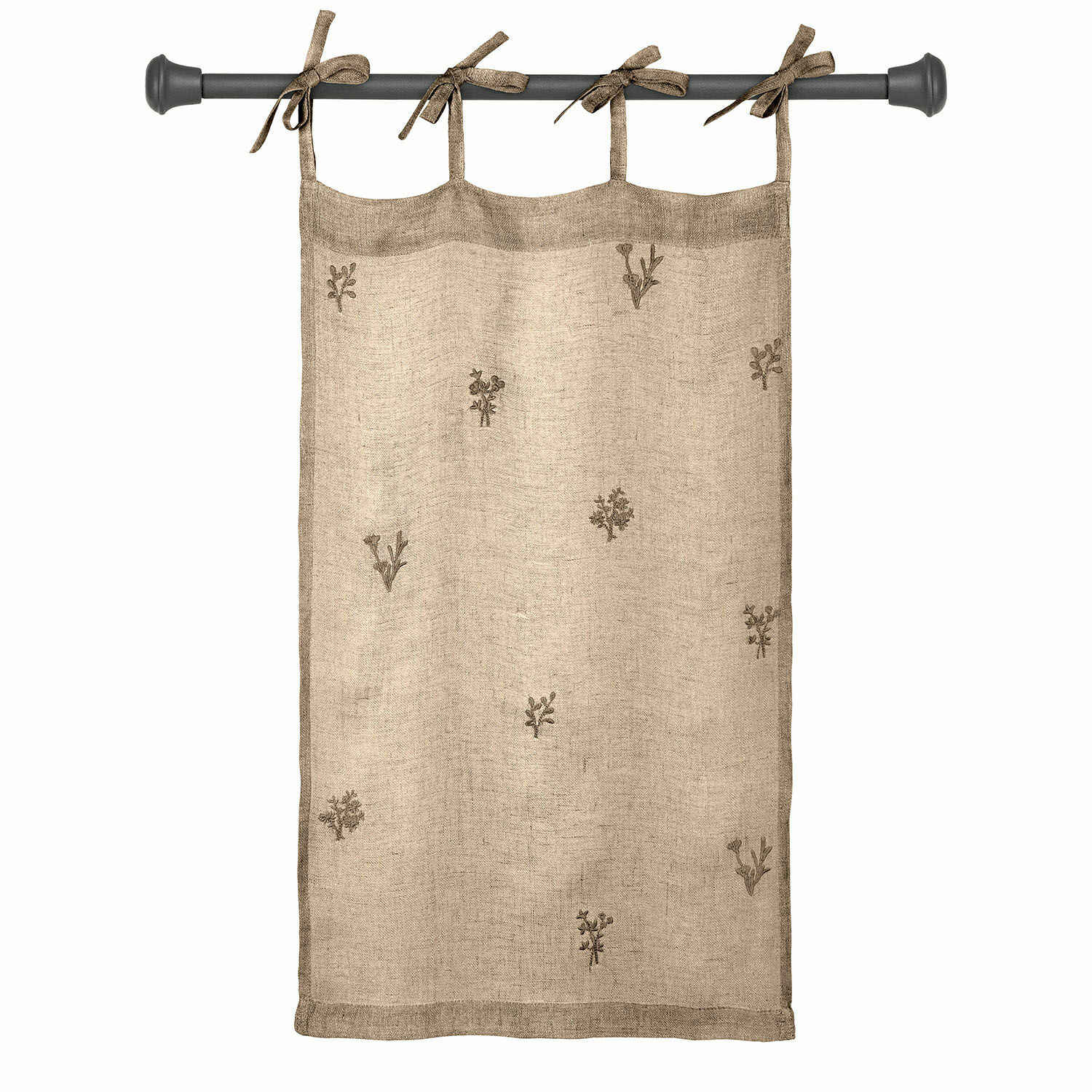 Brise-bise Arceline Rideau en lin beige avec broderies florales marron et attaches à nouer pour suspension