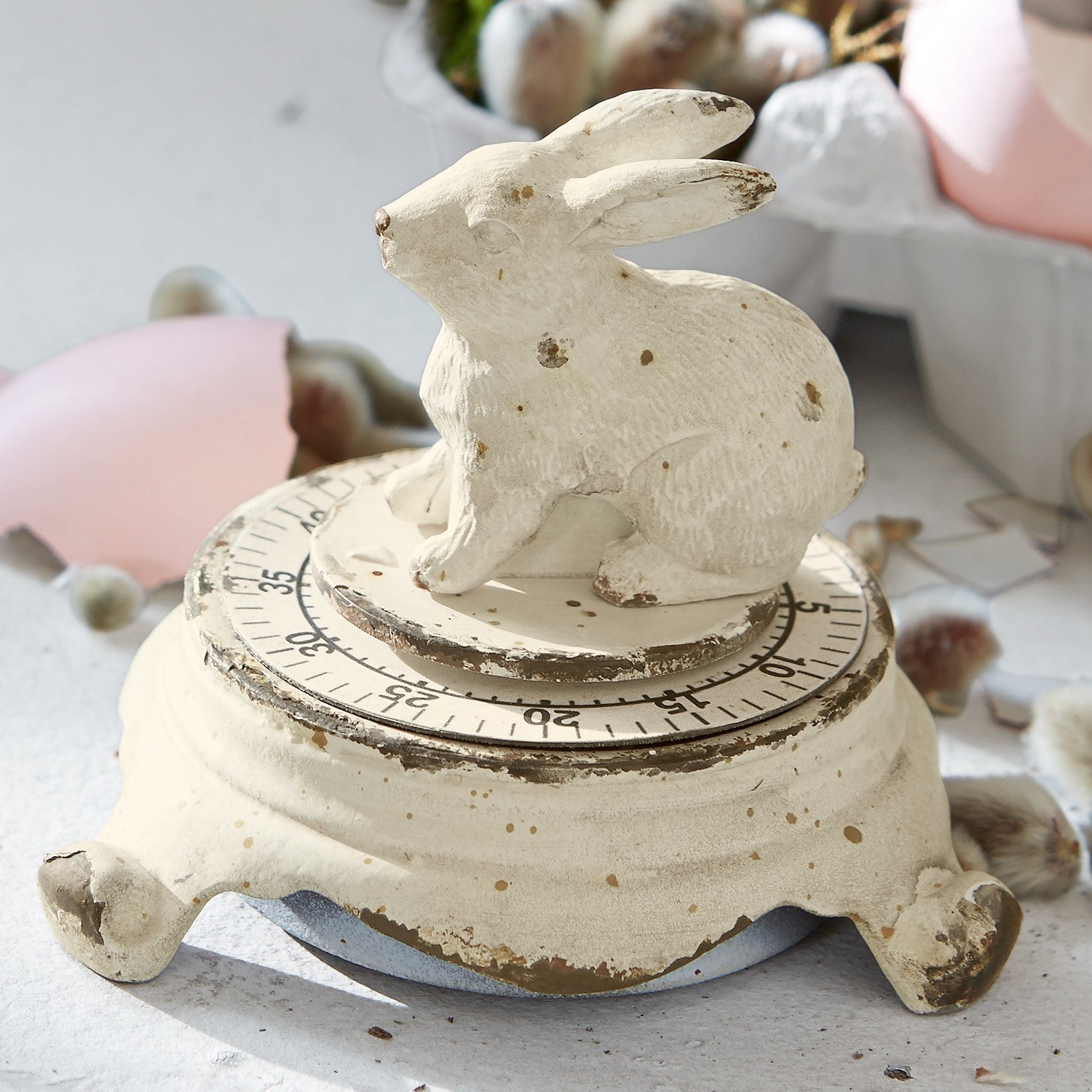 Minuteur Terese Minuteur de cuisine en métal crème avec lapin décoratif et finition vieillie