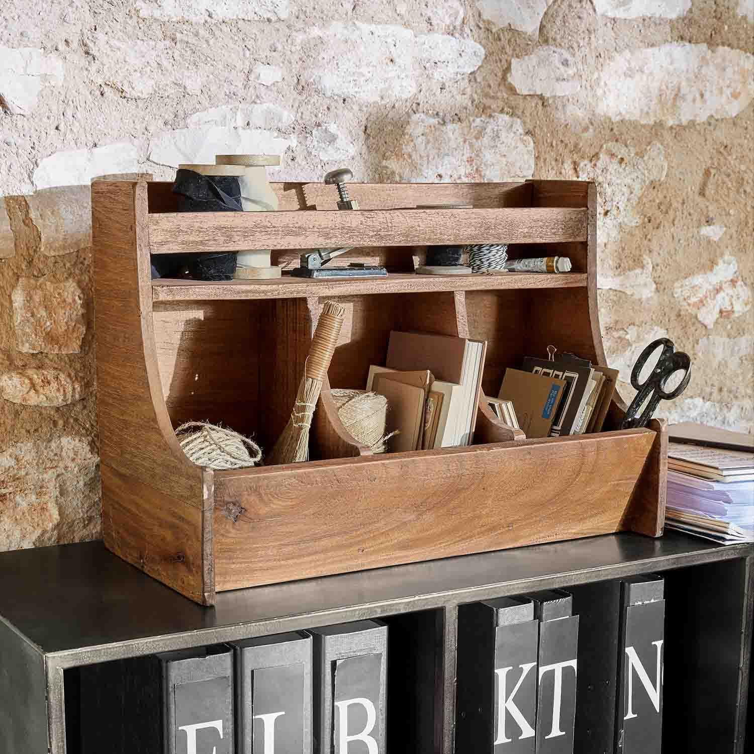 Organisateur de bureau en bois naturel avec compartiments pour documents et fournitures