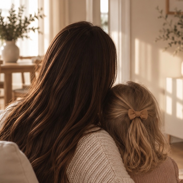 Femme aux longs cheveux bruns et enfant aux cheveux blonds avec un nœud dans un intérieur chaleureux