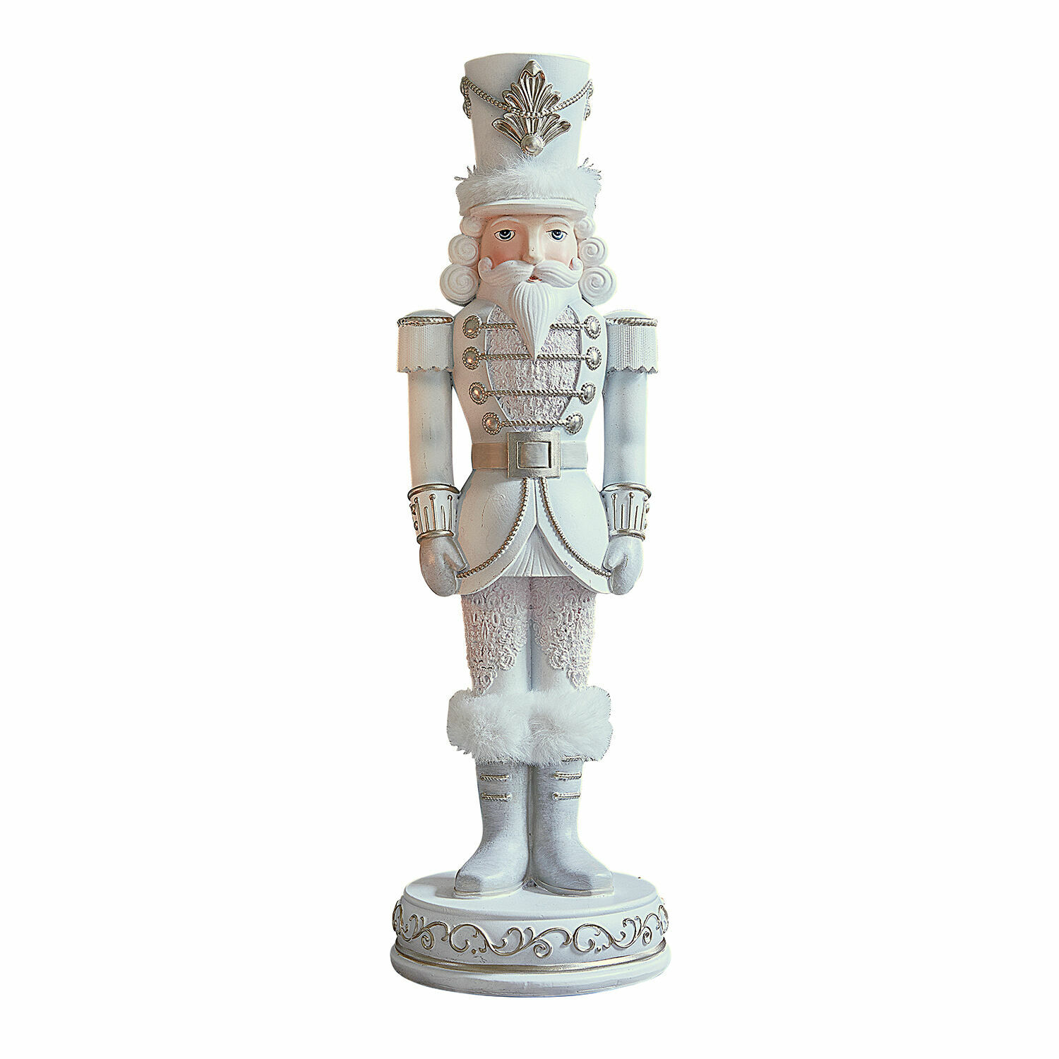 Casse-noix décoratif Moriette Casse-noisette en bois blanc avec détails en fourrure et ornements dorés, décoration de Noël élégante