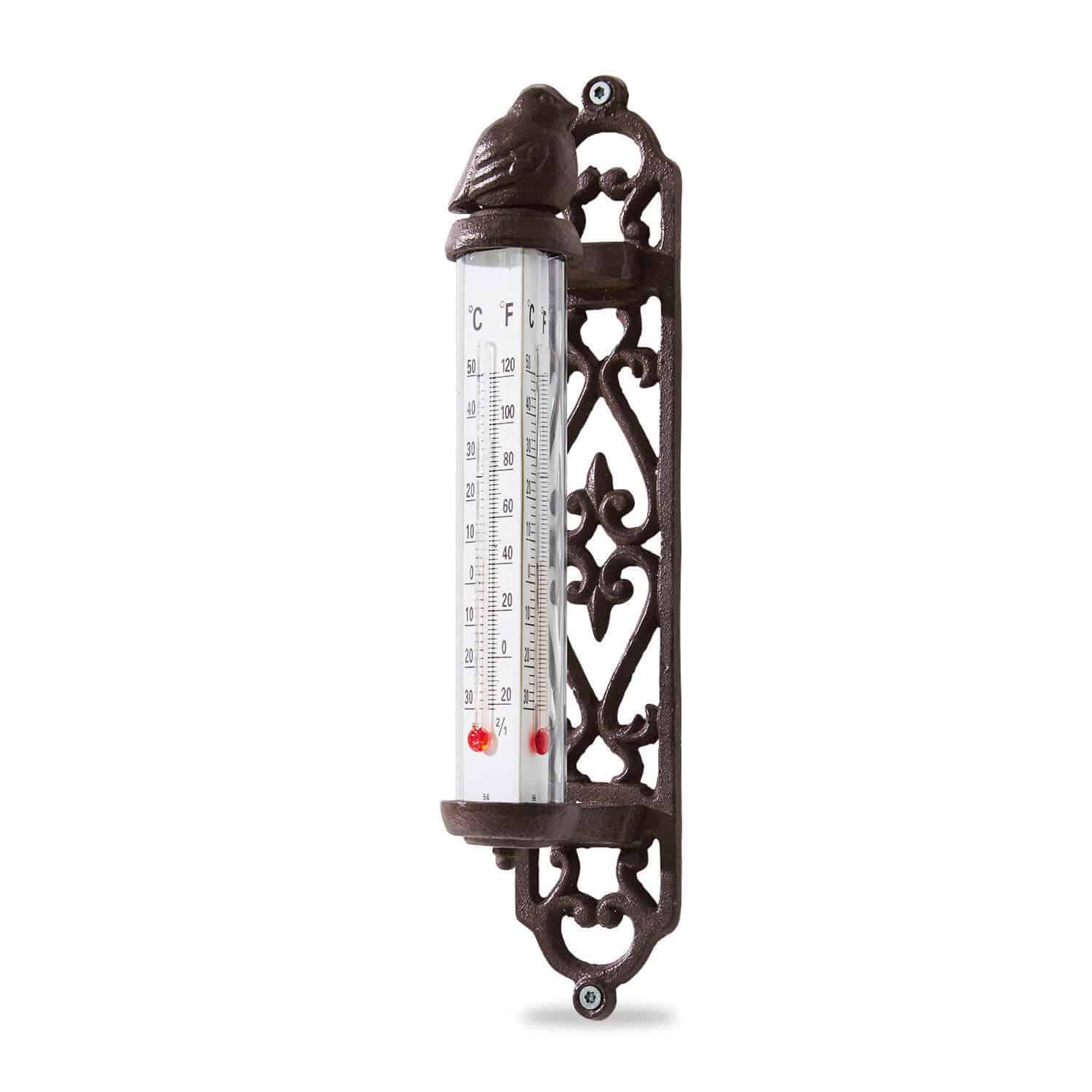 Thermomètre Binyamin Thermomètre décoratif en fonte marron avec motif d'oiseau et double échelle de température