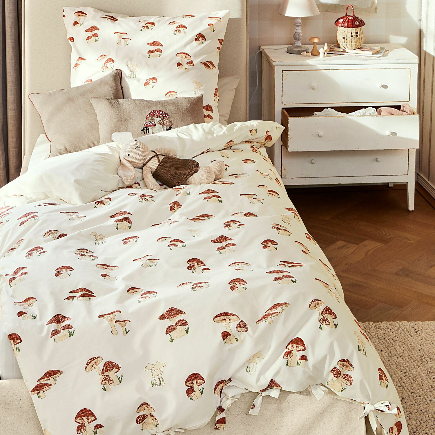 Parure de lit Norilie Parure de lit en coton crème avec imprimé champignons rouges, douce et décorative pour chambre à coucher