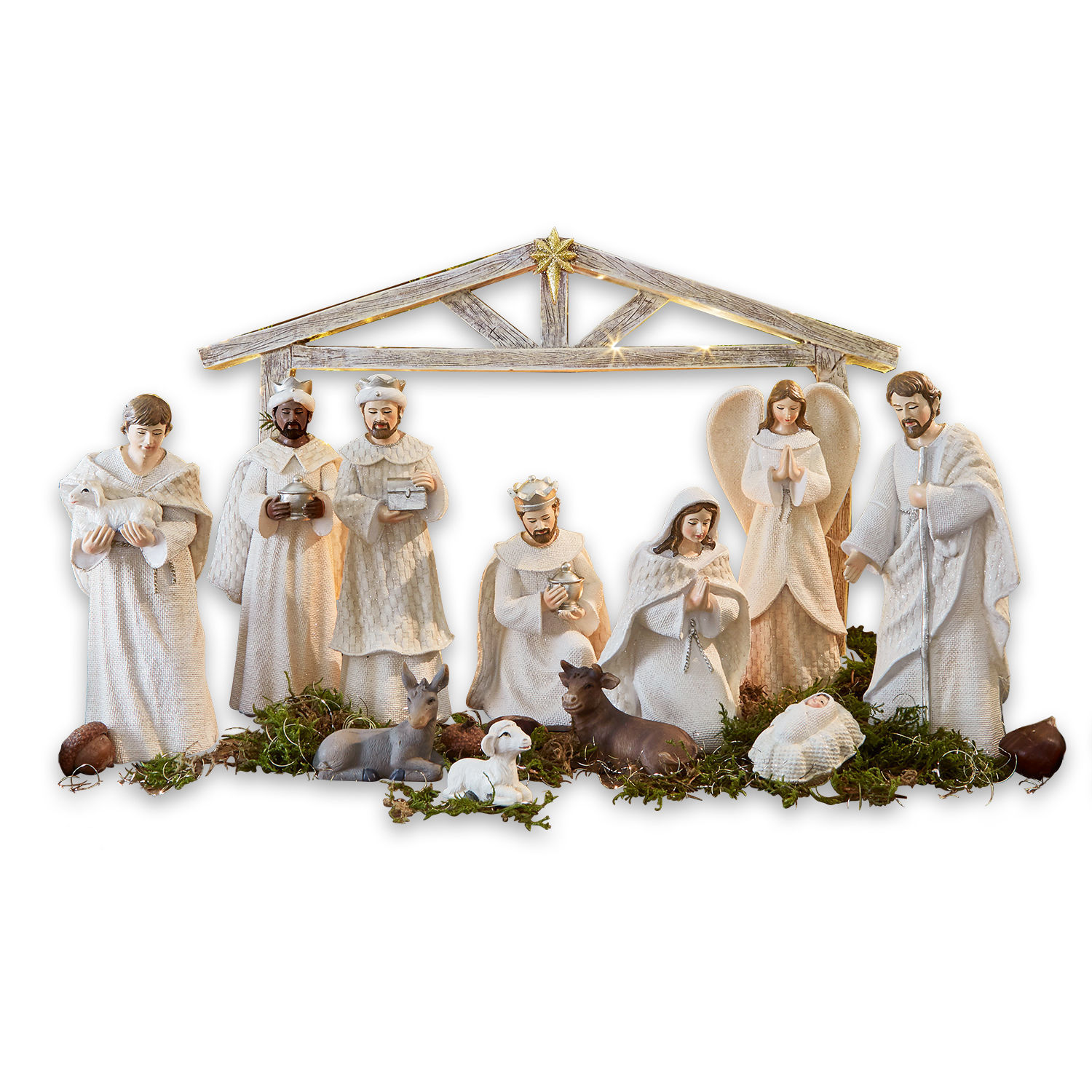Lot de 12 figurines de crèche Santo Ensemble de figurines de crèche de Noël blanches en bois et tissu avec éclairage LED
