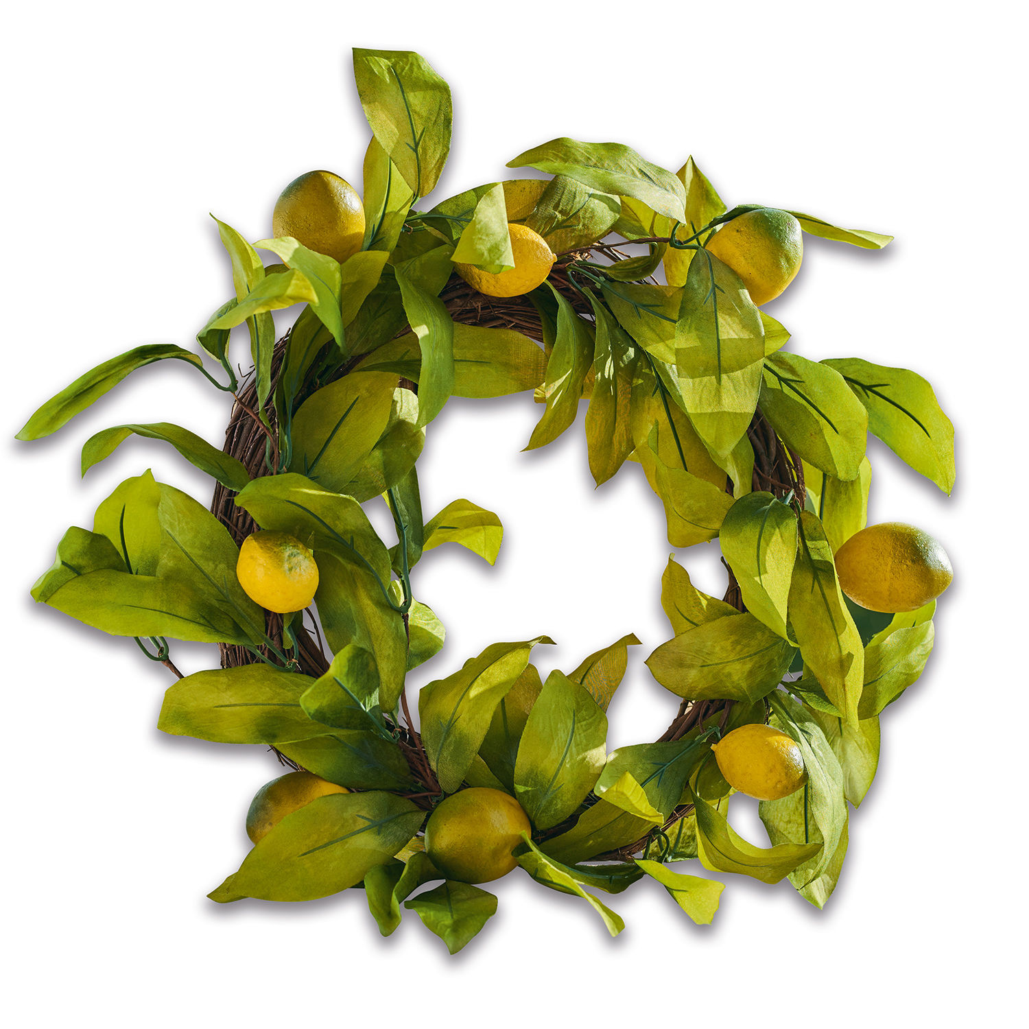 Couronne Lantagenet Couronne décorative avec feuilles vertes et citrons jaunes sur base naturelle, décoration intérieure