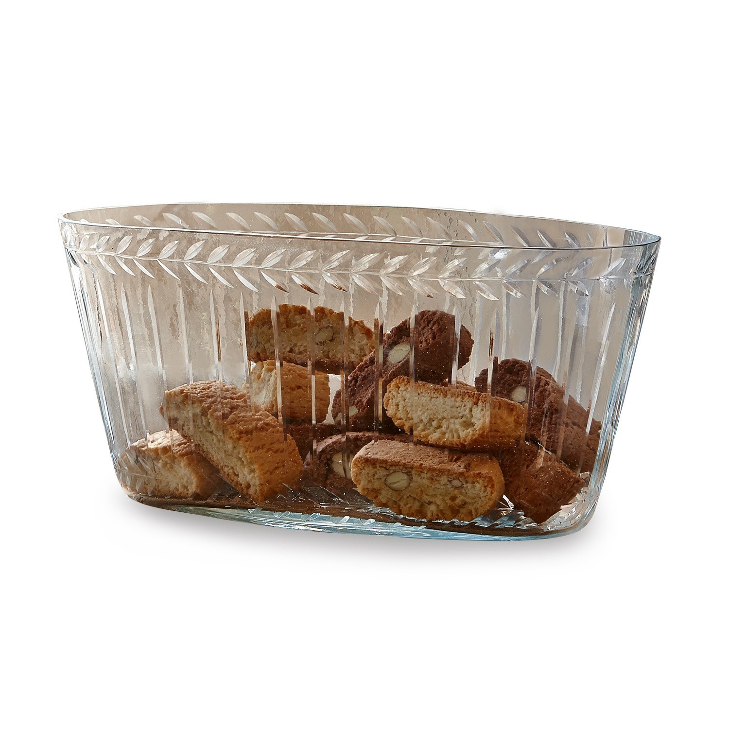 Coupe Malinda Bol en verre transparent avec motif de feuilles, rempli de biscuits croquants aux amandes