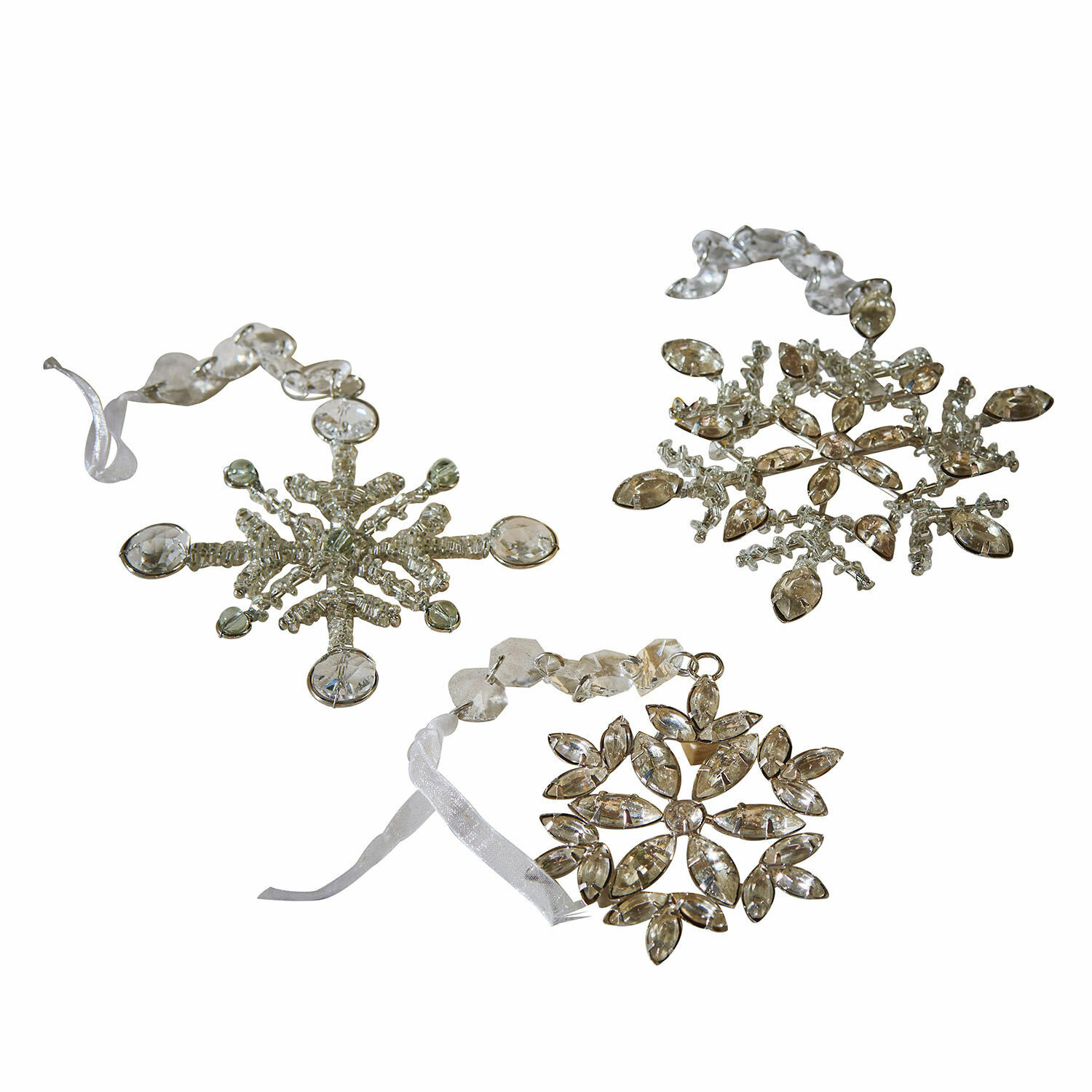 Lot de 3 décorations à suspendre Aleyna Ensemble de trois décorations de Noël en forme de flocons de neige en verre transparent avec rubans pour suspendre