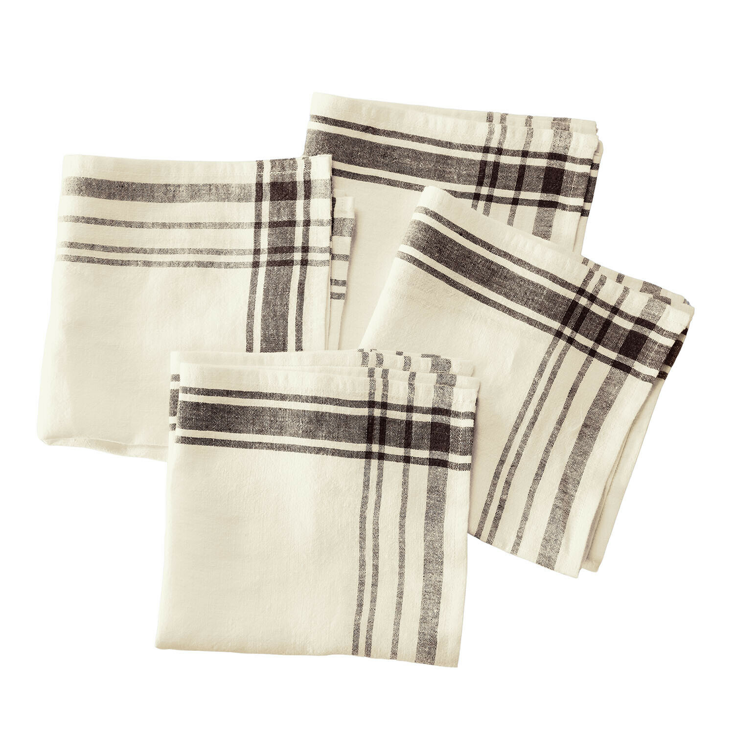 Lot de 4 serviettes Ellory Ensemble de quatre torchons en lin crème avec rayures noires pour cuisine élégante