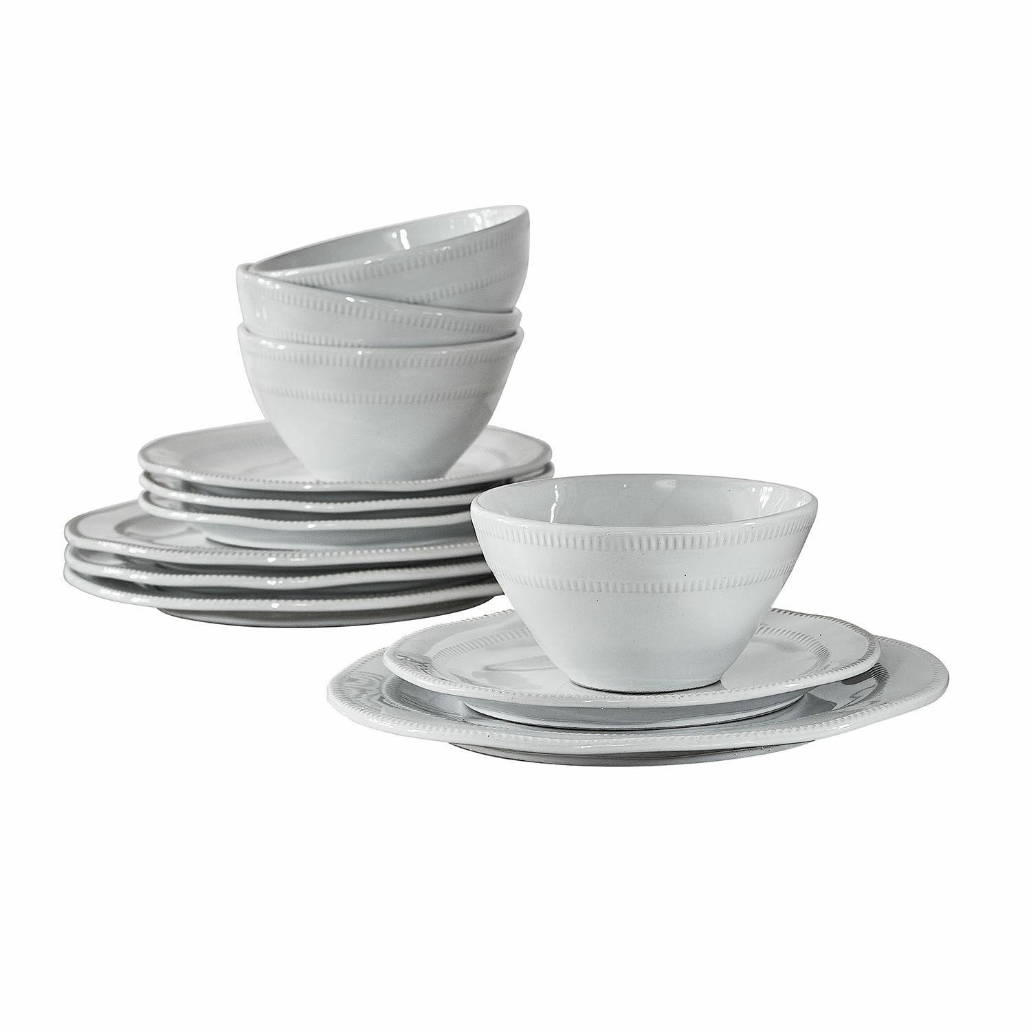 Service 12 pièces Alentejo Service de vaisselle en porcelaine blanche avec bols et assiettes, design élégant pour la table