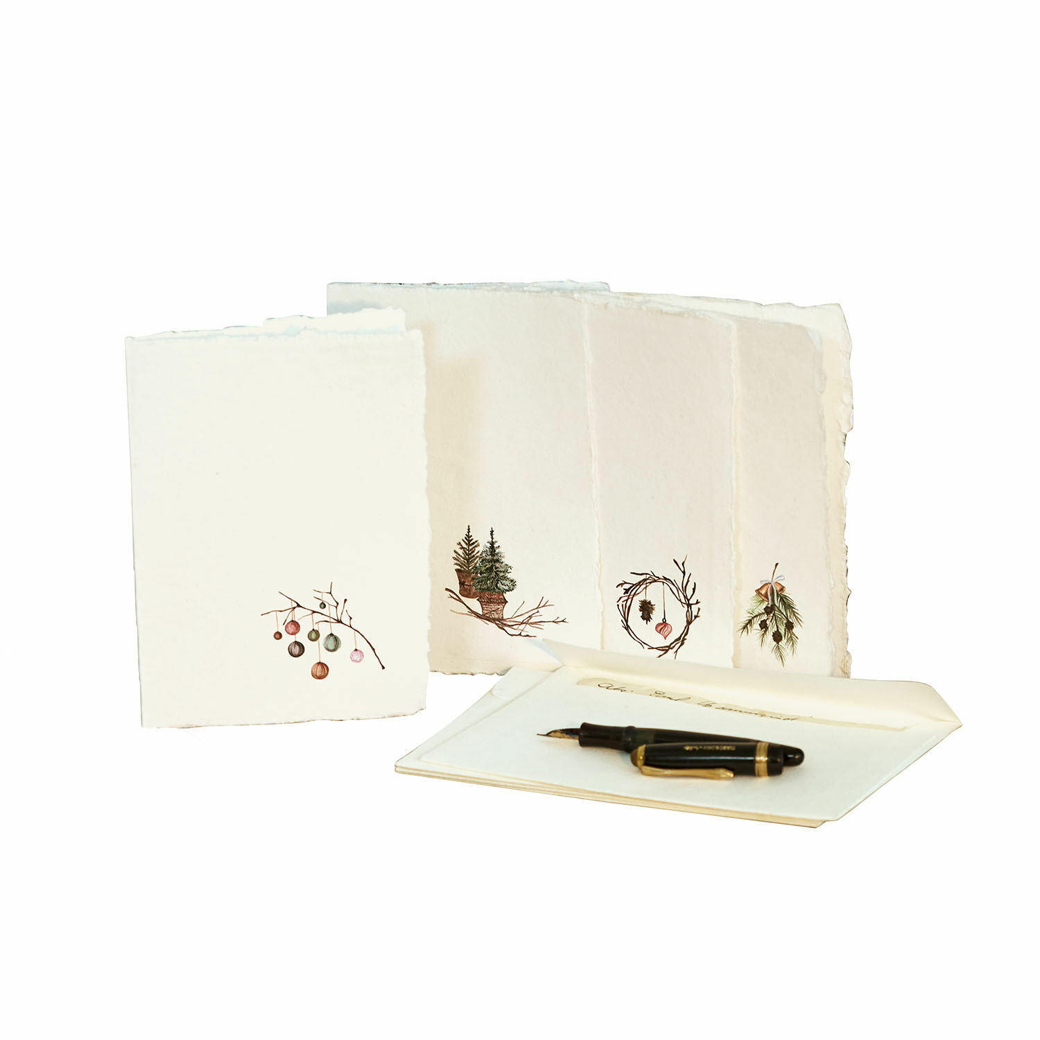 Lot de 4 cartes de vœux Velorine Ensemble de cartes de vœux en papier naturel avec motifs végétaux et stylo plume noir pour écrire