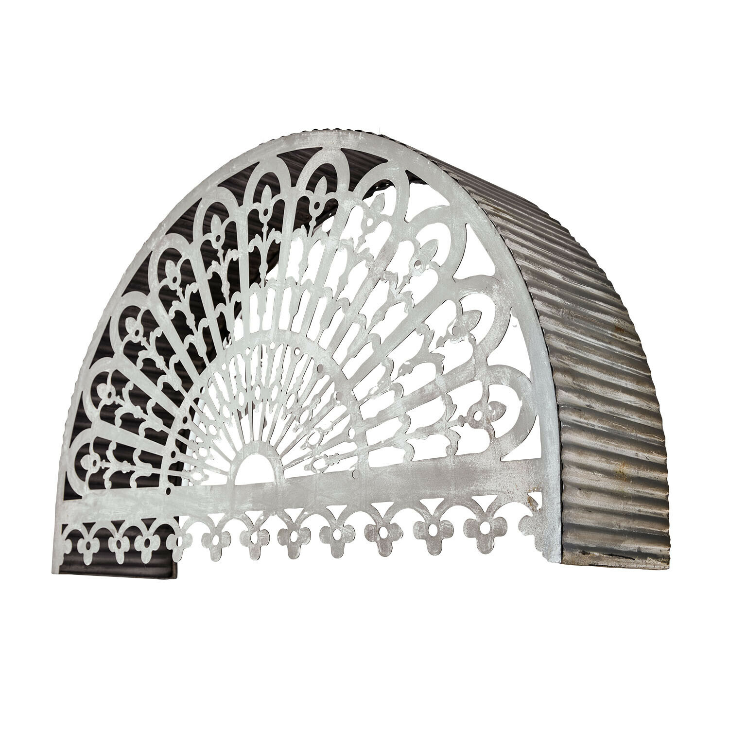 Décoration murale demi-cercle en métal gris avec motif ajouré, ornement pour jardin ou intérieur