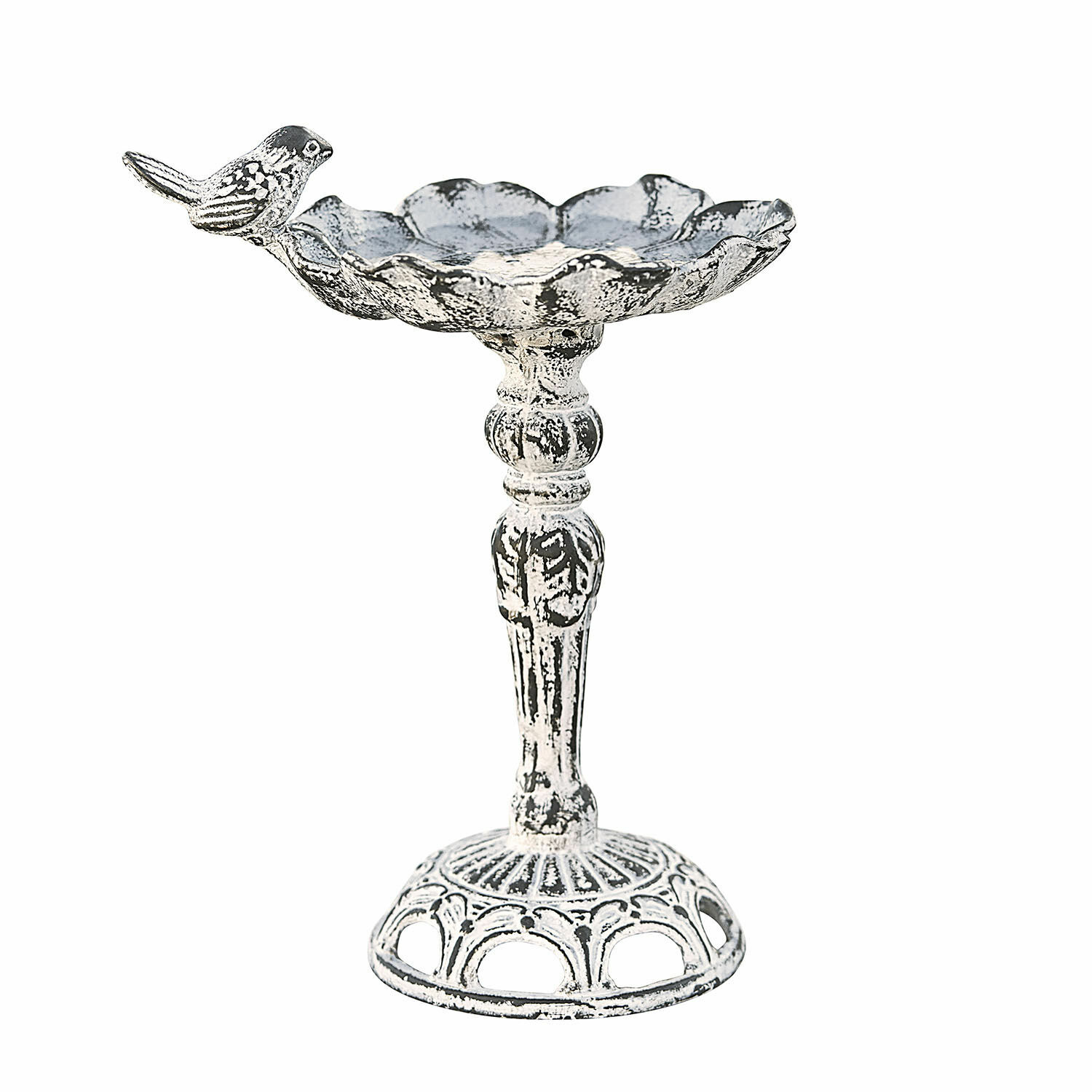 Abreuvoir pour oiseaux Petrofani Coupe en métal blanc sur pied avec oiseau décoratif, accessoire de jardin au style vieilli
