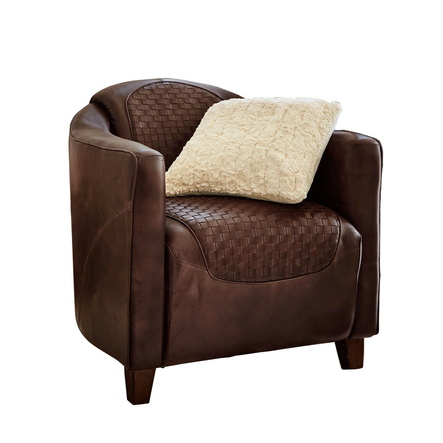 Fauteuil Westerdales Fauteuil marron en cuir tressé avec coussin doux crème pour un salon confortable