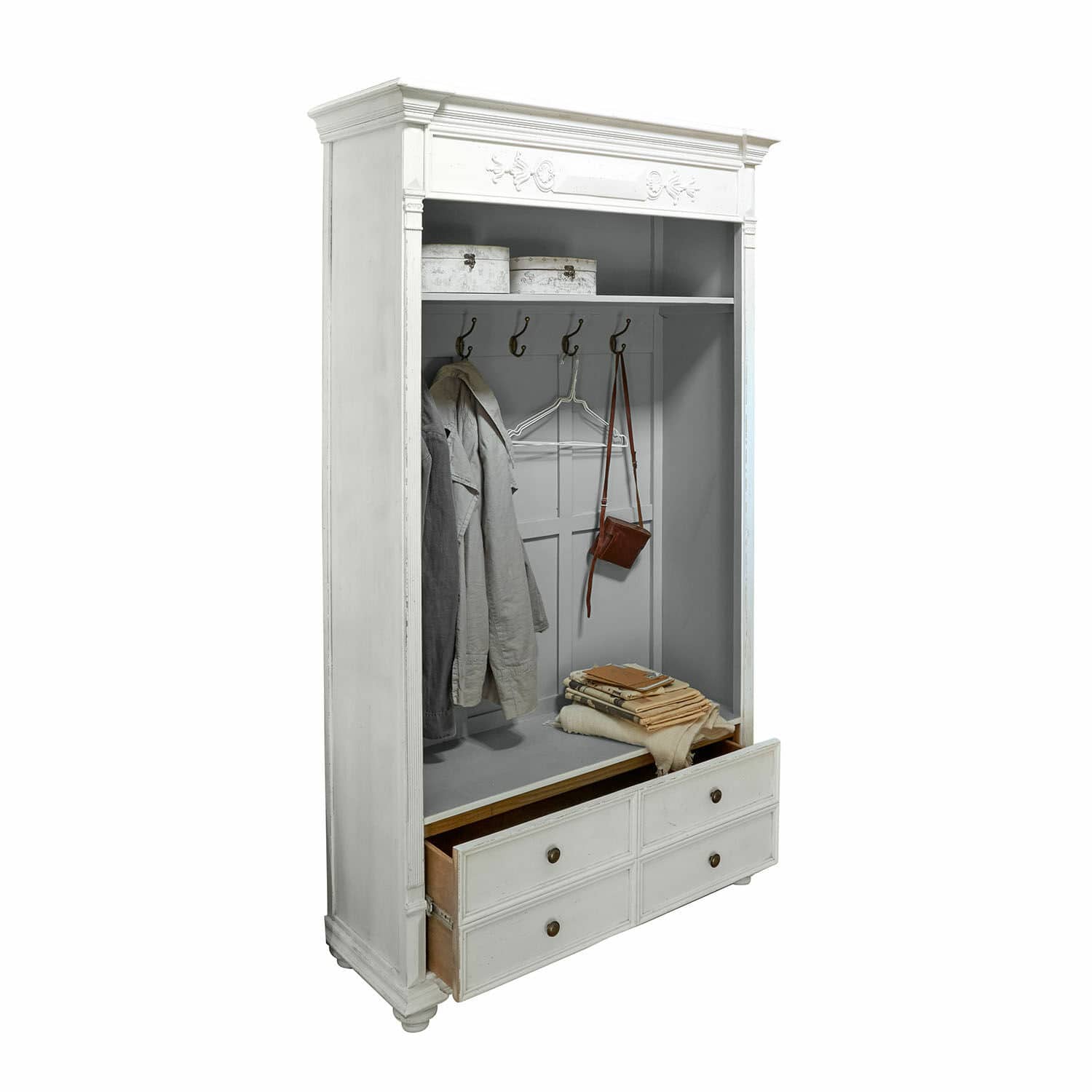 Meuble d’entrée Étourville Armoire blanche en bois avec crochets et tiroirs pour ranger vêtements et accessoires