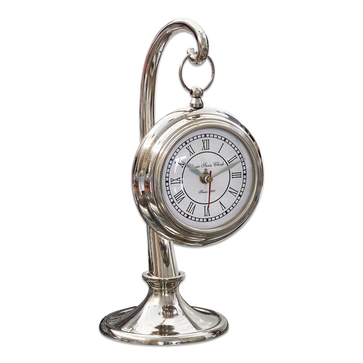 Horloge Barbe Horloge de table argentée en métal avec cadran blanc et chiffres romains élégants