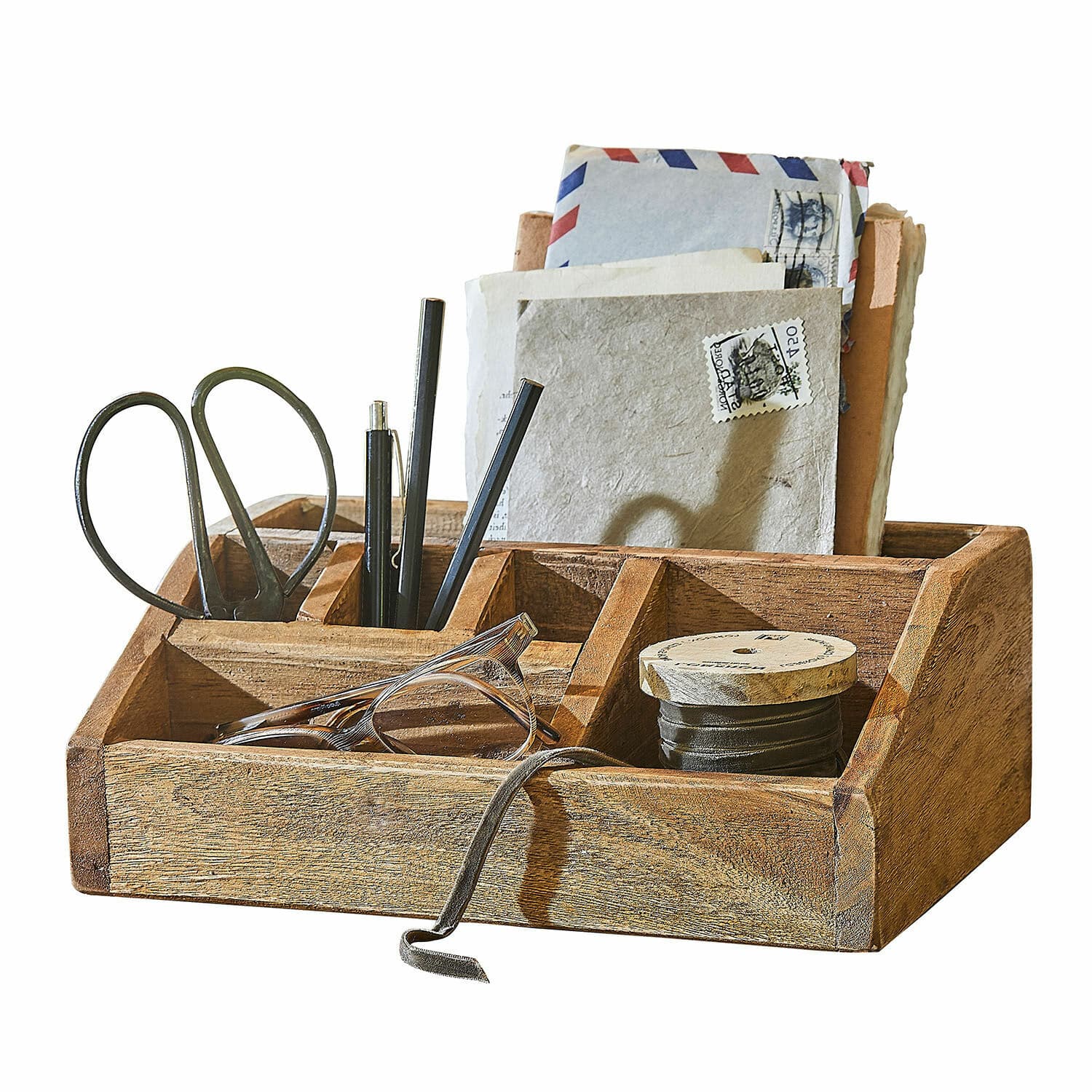 Organiseur Norile Organisateur de bureau en bois avec compartiments pour ciseaux, stylos, lunettes et lettres, couleur naturelle