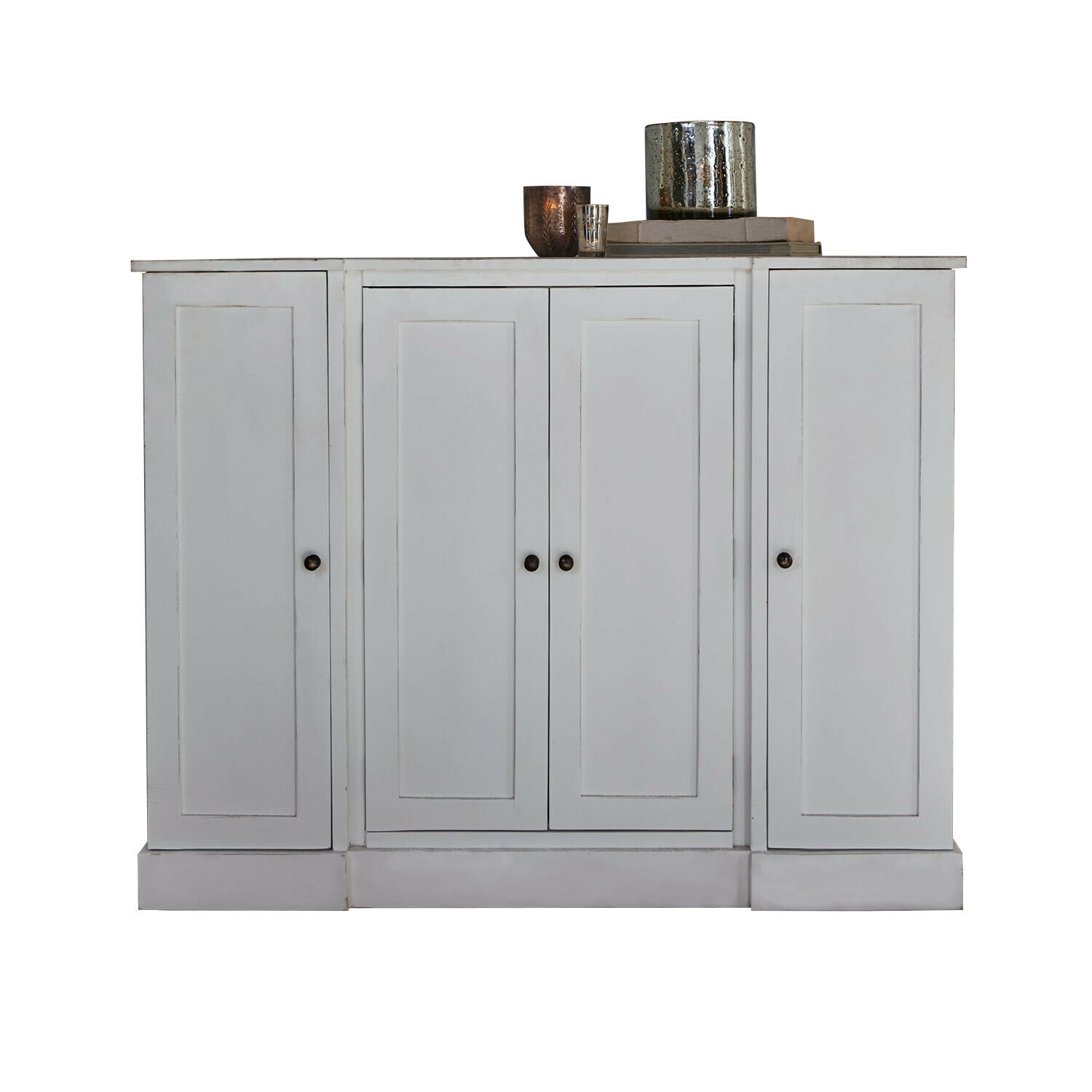 Commode Greymont Buffet blanc en bois avec quatre portes et poignées métalliques pour rangement dans le salon