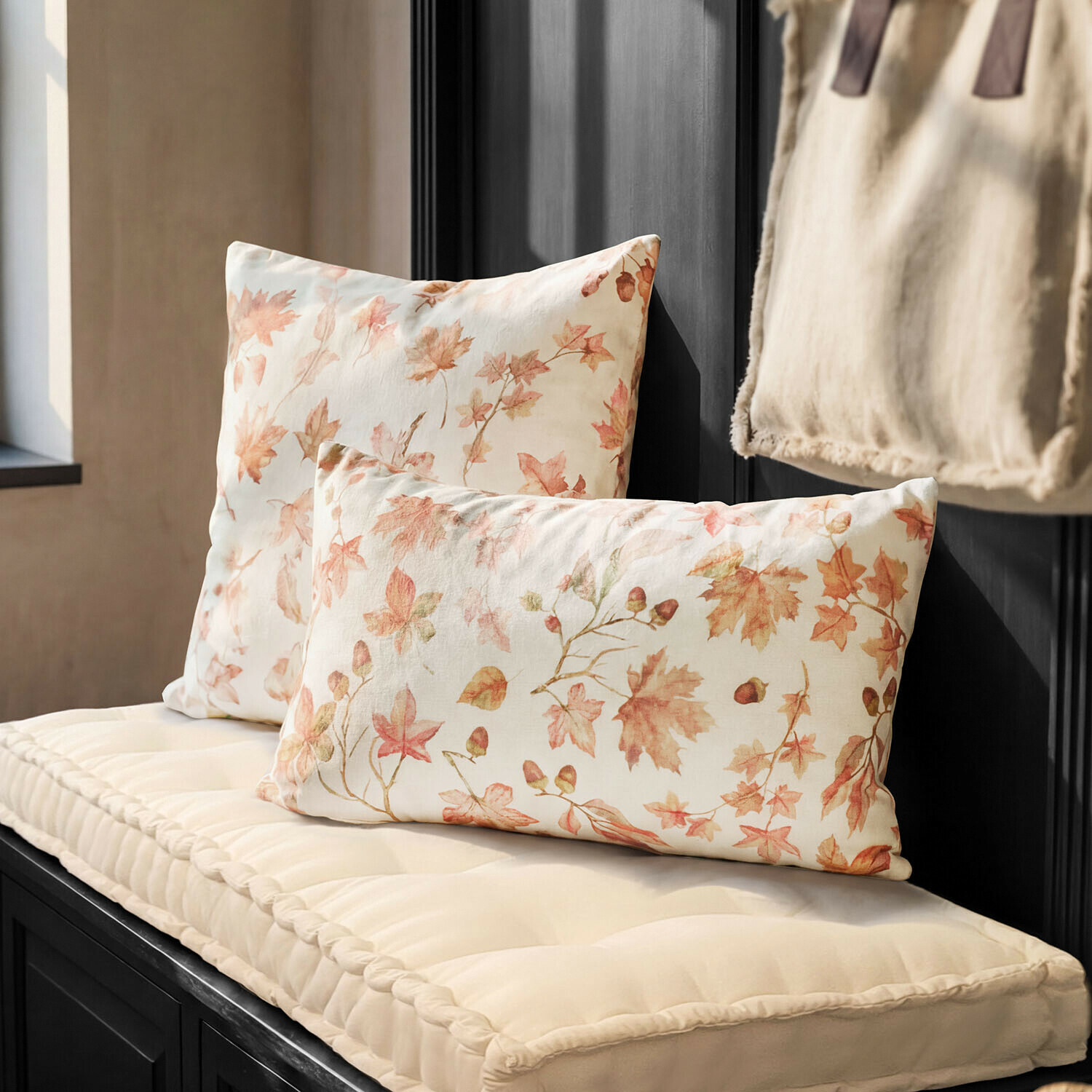 Lot de 2 housses de coussins Junniper Coussins en coton crème avec motif feuilles d'automne pour décoration intérieure confortable