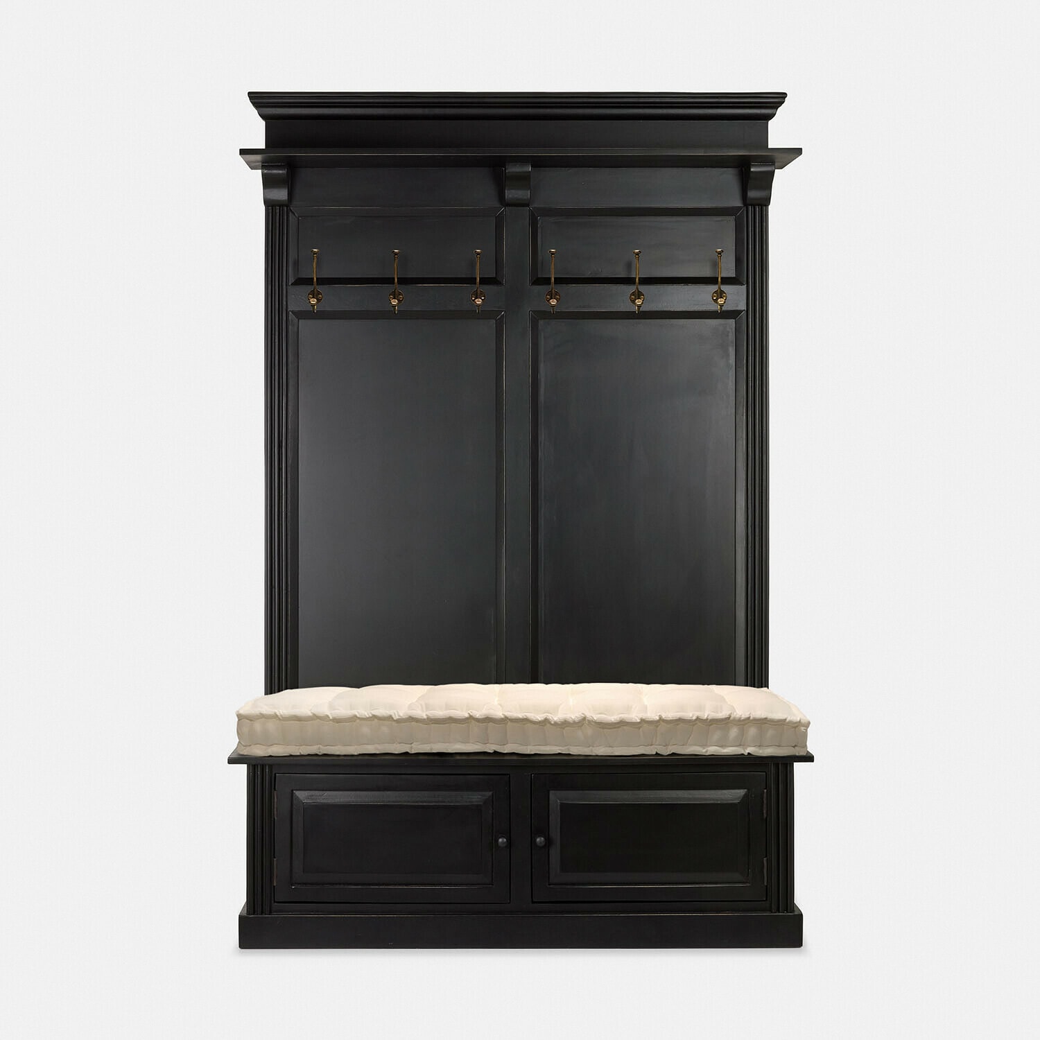 Meuble d’entrée Eldwin Meuble en bois noir avec assise rembourrée et crochets en laiton pour l'entrée
