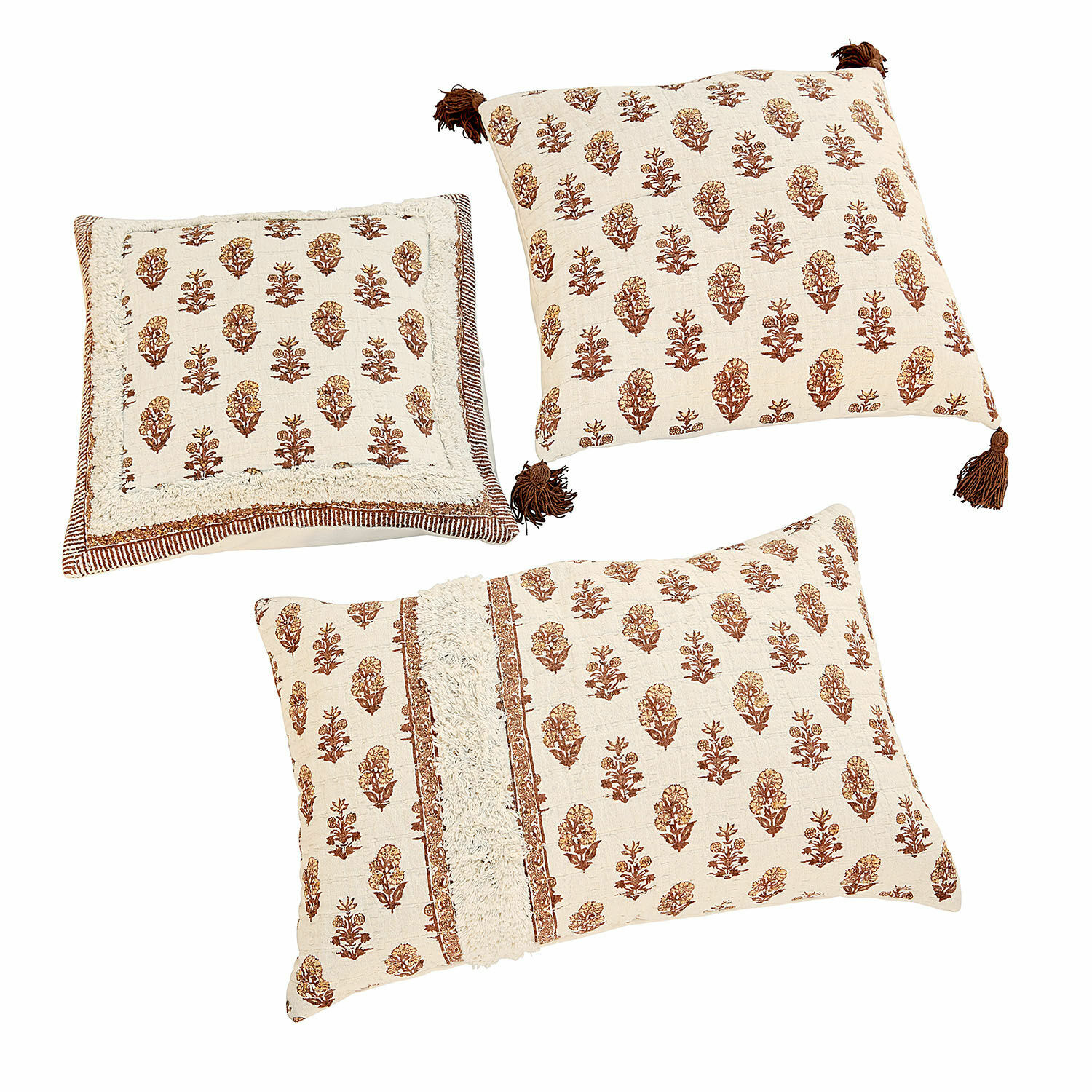 Lot de 3 housses de coussins Arsalan Ensemble de trois coussins décoratifs en coton crème avec motif floral marron pour salon