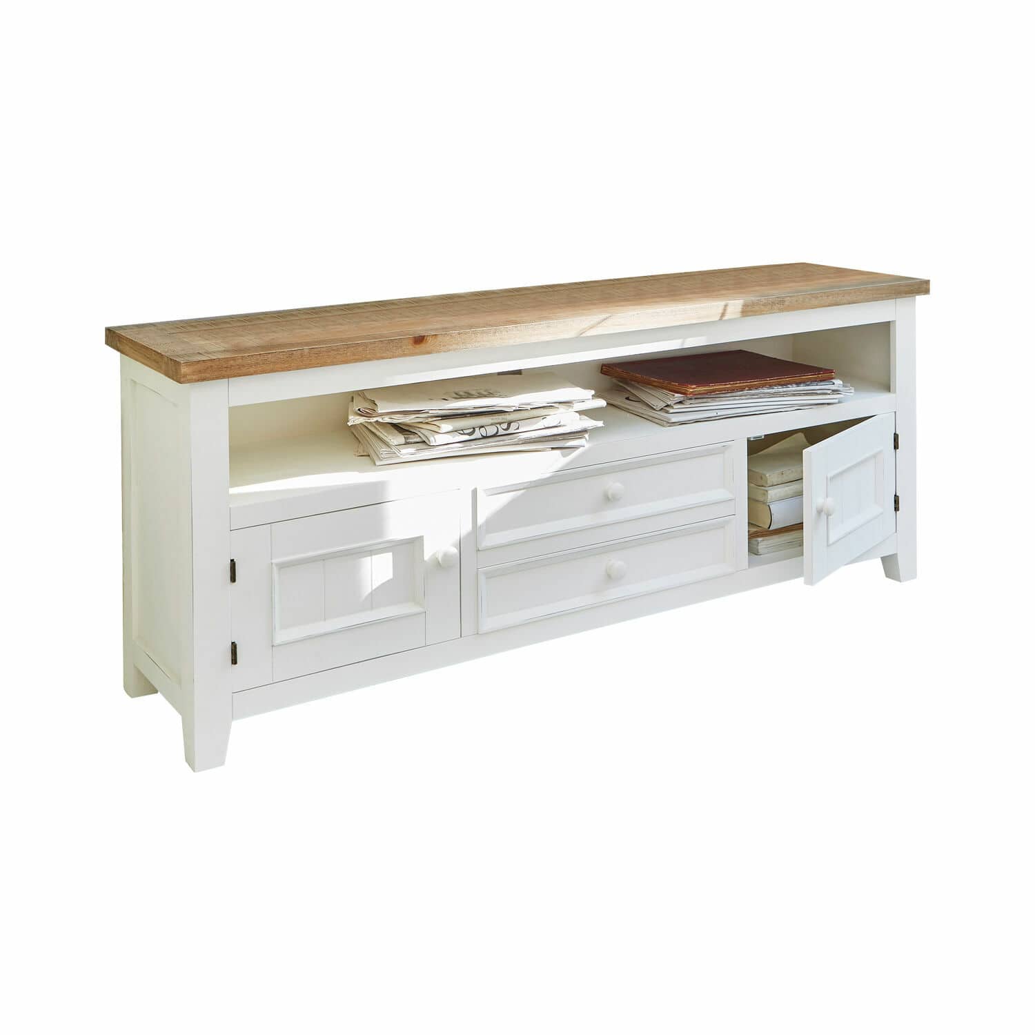 Console Yukon Buffet en bois blanc avec étagères et tiroirs, plateau en bois naturel, meuble de rangement pratique