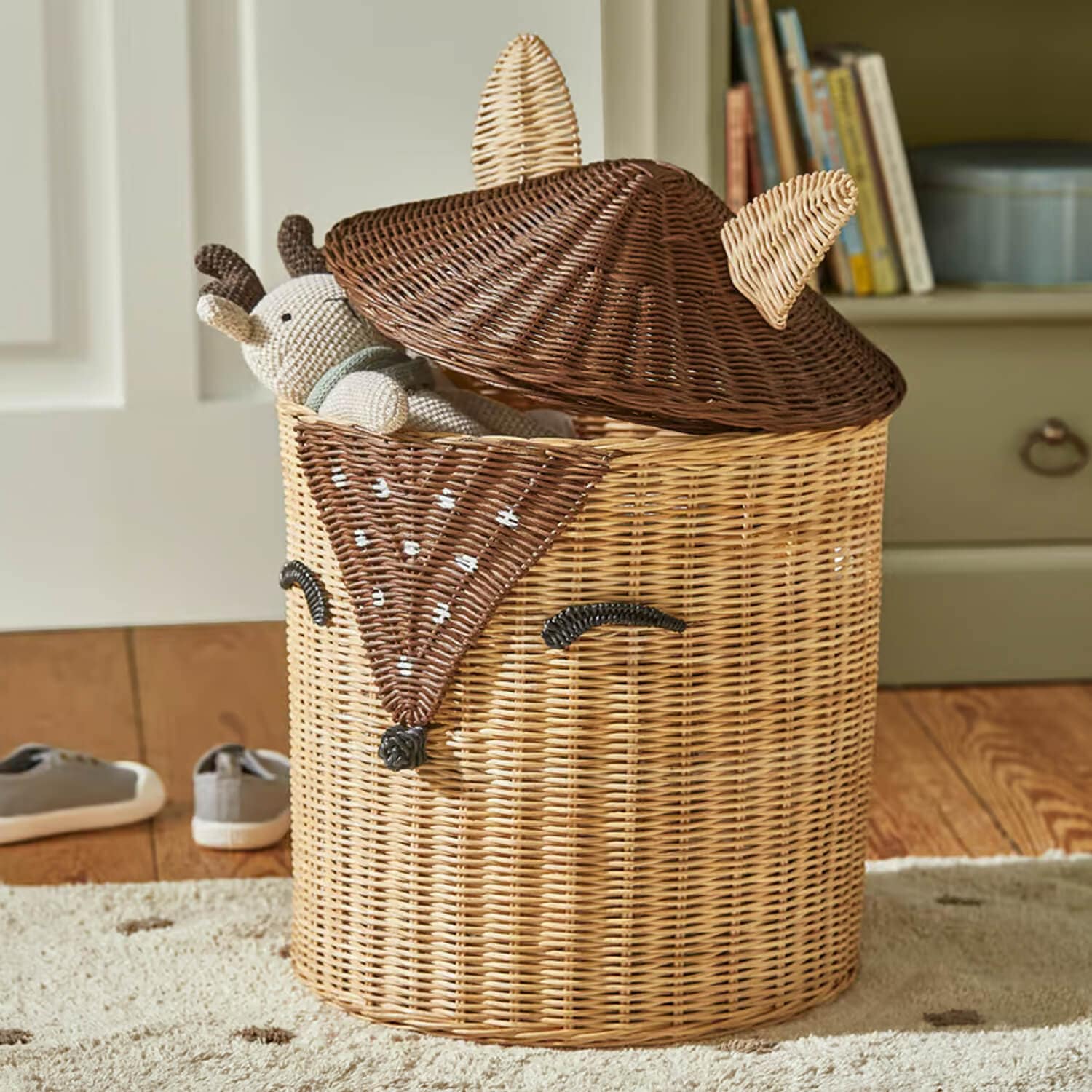 Panier à jouets en rotin en forme de renard marron naturel, rangement pratique pour chambre d'enfant