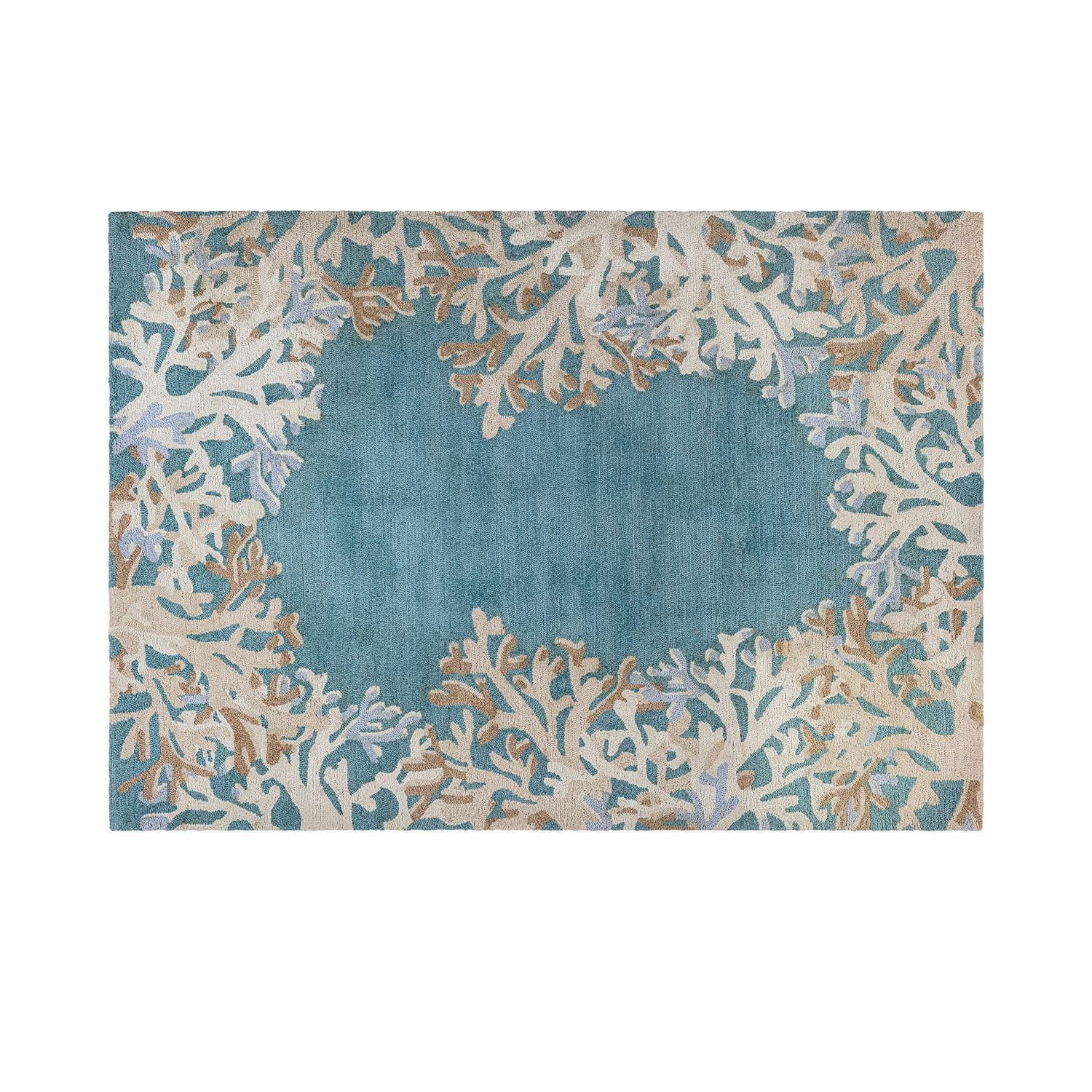 Tapis d’intérieur et d’extérieur Dorlancourt Tapis bleu avec motif corail beige, matière douce, décoration élégante pour salon