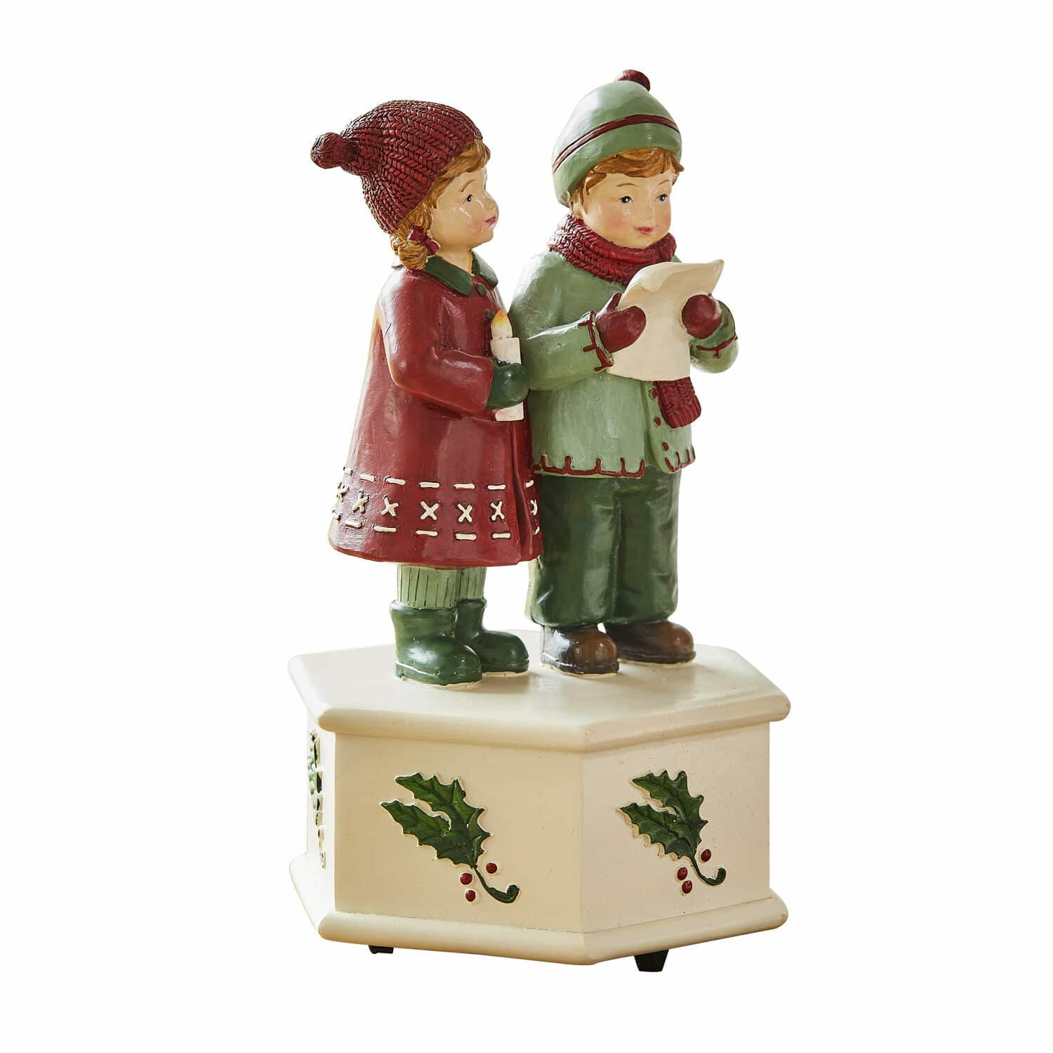Boîte à musique Kalilah Figurine d'enfants chantant des chants de Noël sur socle crème avec motif houx, décoration festive