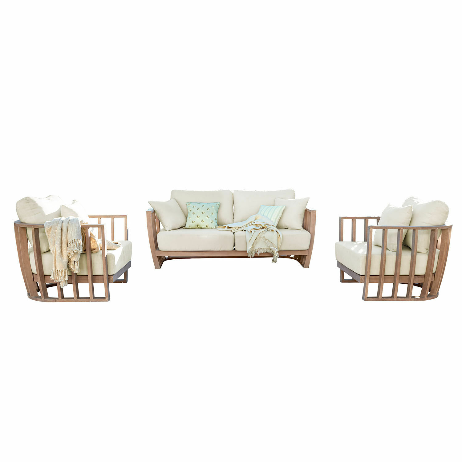 Salon de jardin FSC®-100% Vézère Ensemble de meubles en bois avec coussins crème, design moderne pour salon confortable