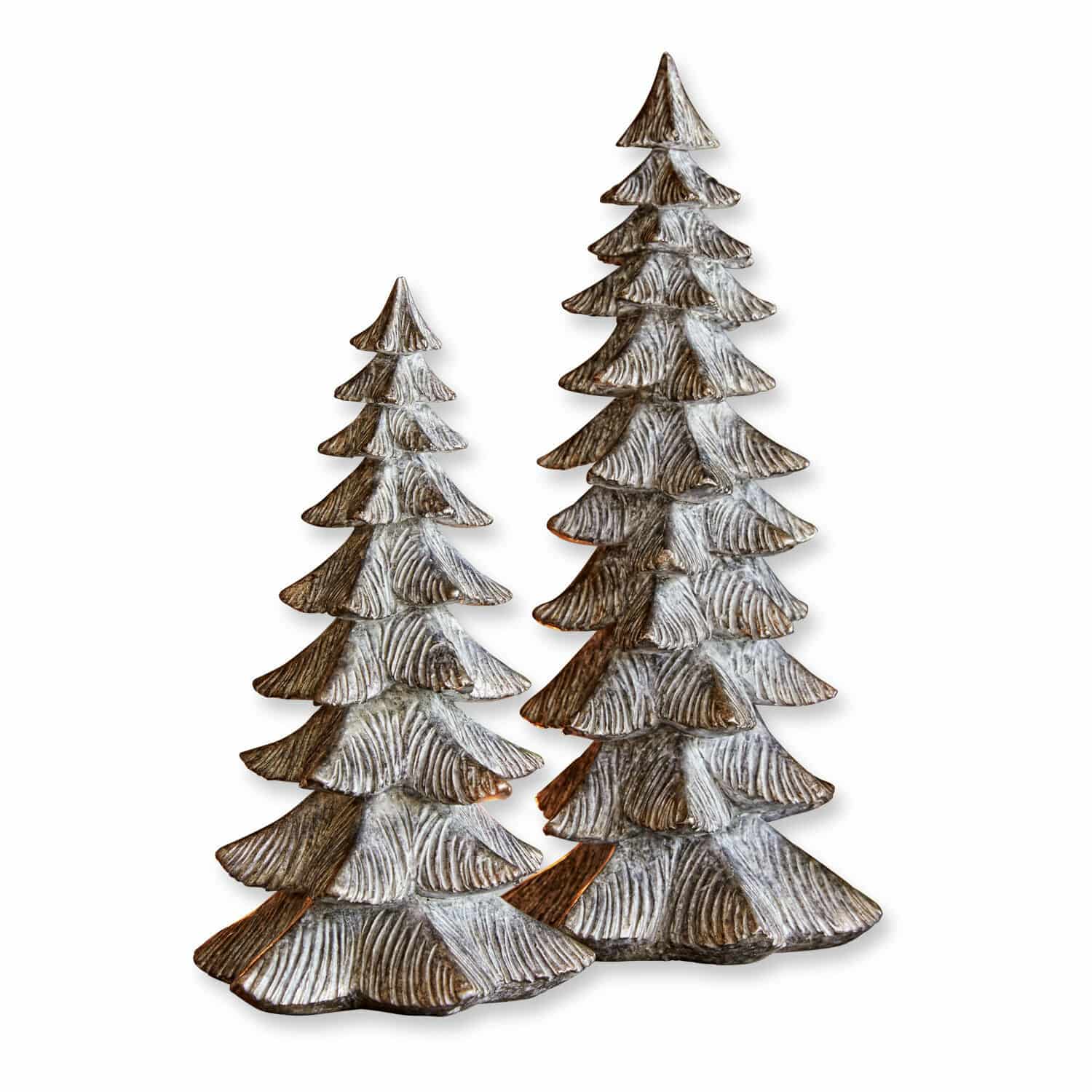 Lot de 2 sapins décoratifs Calavi Deux sapins décoratifs en bois gris-brun pour décoration intérieure de Noël élégante