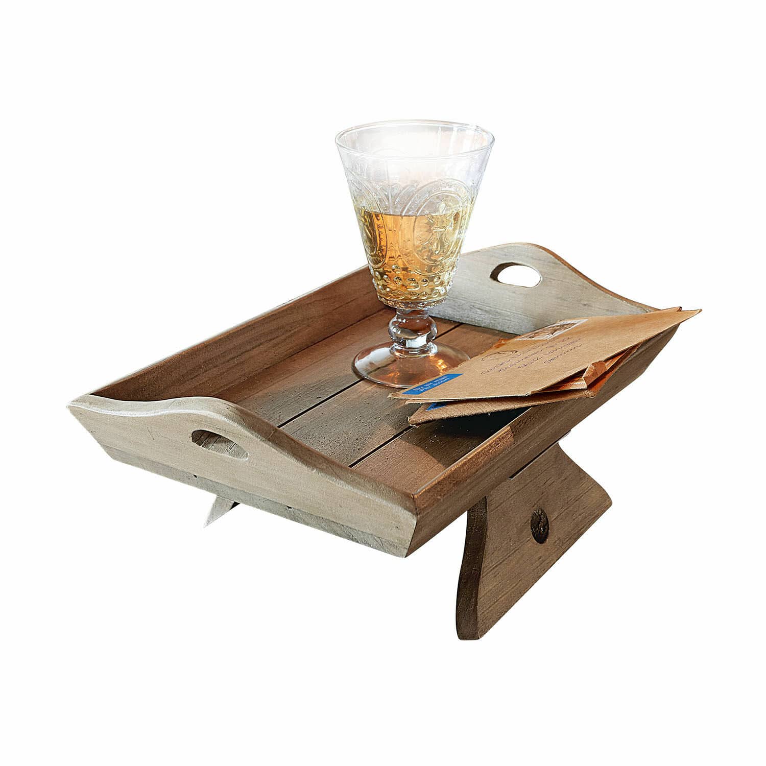 Plateau en bois brun Walcott avec poignées, verre et enveloppes dessus, plateau décoratif pour servir