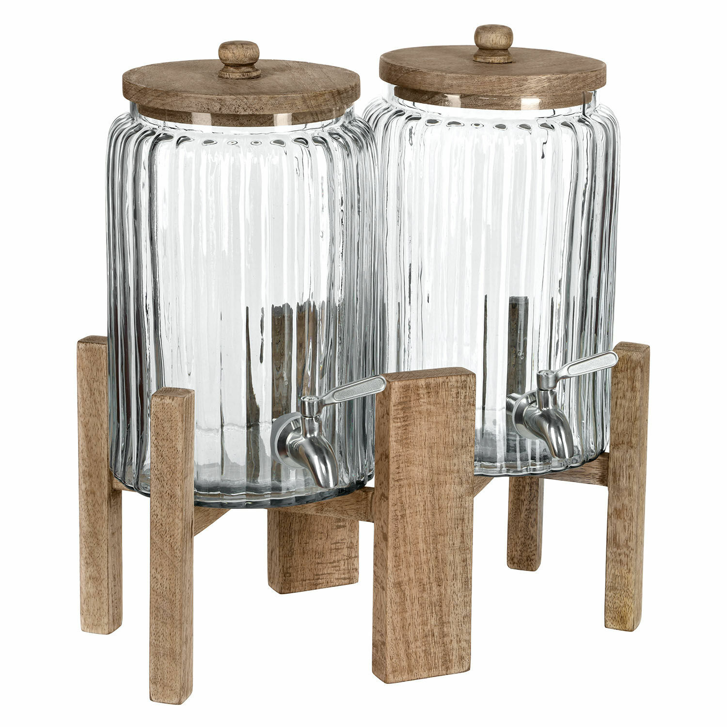 Lot de 2 distributeurs de boisson Ebeyin Distributeurs de boissons en verre avec couvercles et robinets sur support en bois, transparents et marron