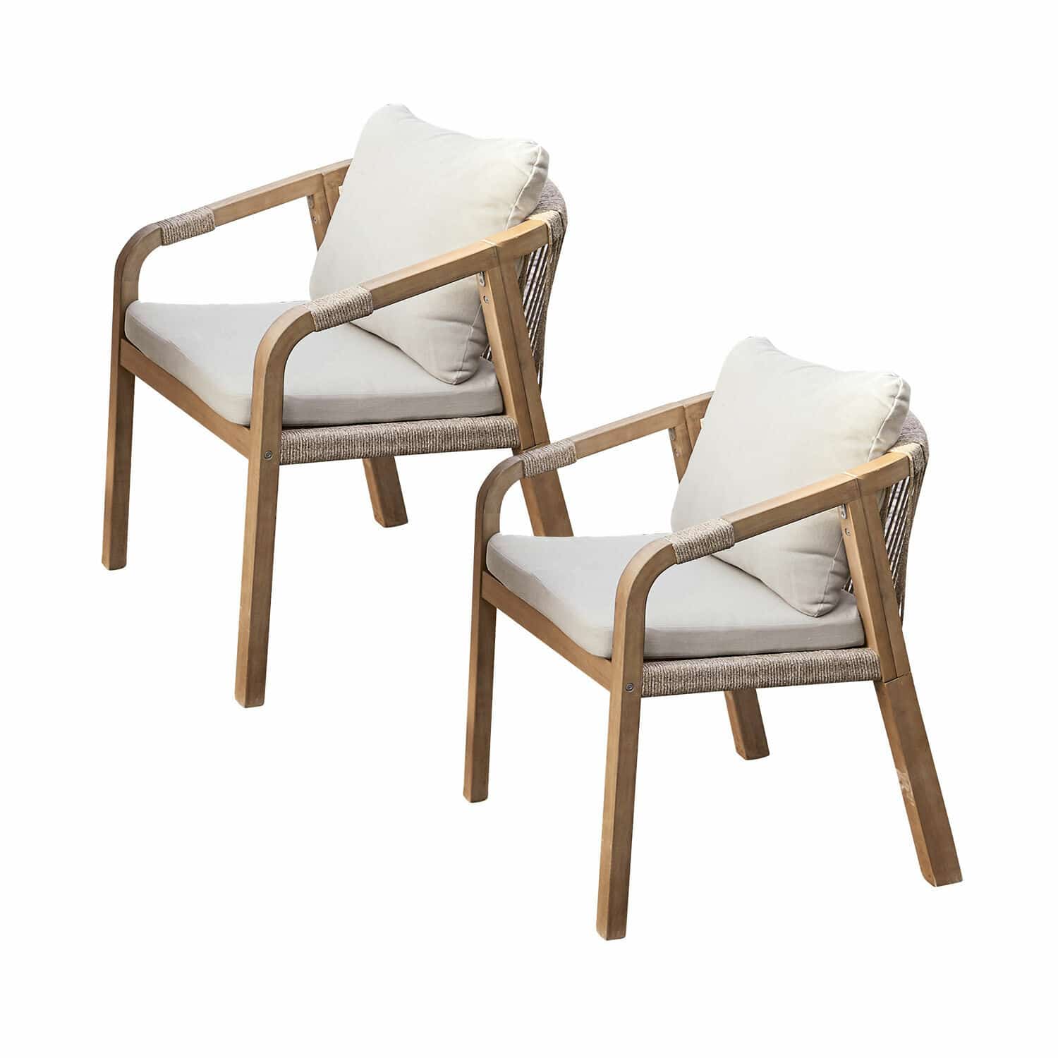 Lot de 2 chaises FSC®-100% Kennedy Ensemble de deux fauteuils en bois avec coussins clairs, parfait pour terrasse ou balcon