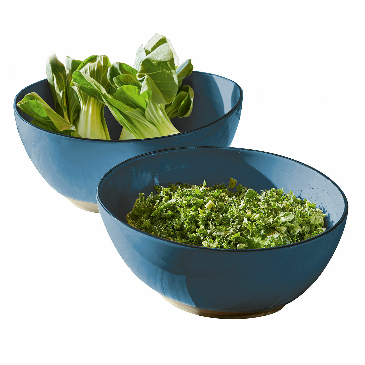 Lot de 2 saladiers Biarré Deux bols en céramique bleue remplis de feuilles vertes, parfaits pour salades et cuisine