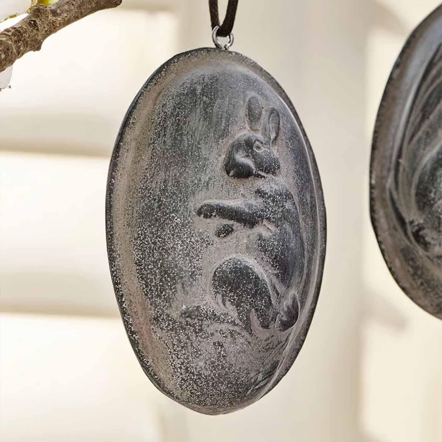 Ornement ovale en métal gris avec motif de lapin, décoration suspendue pour Pâques