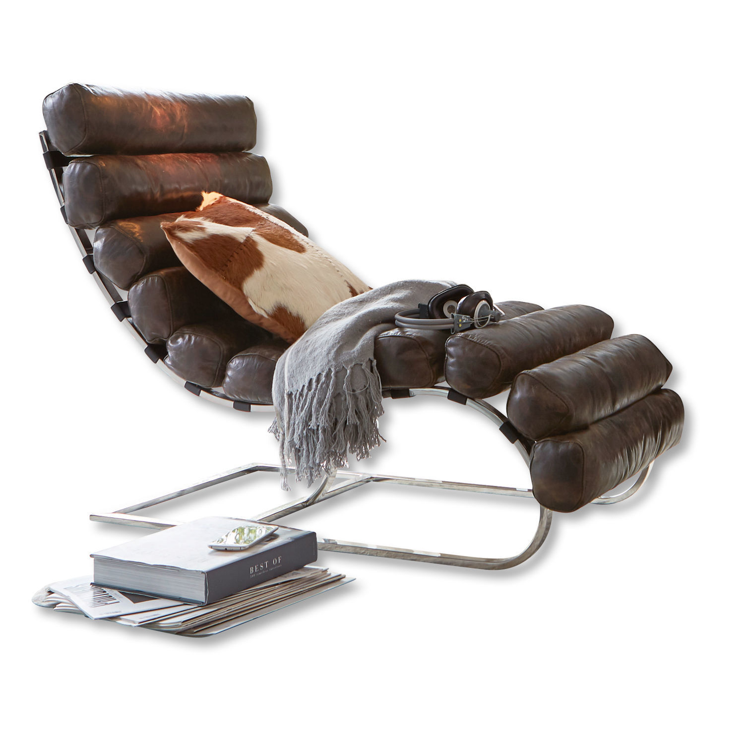 Fauteuil Davyss Chaise longue moderne en cuir marron avec structure métallique, coussin et plaid gris pour détente