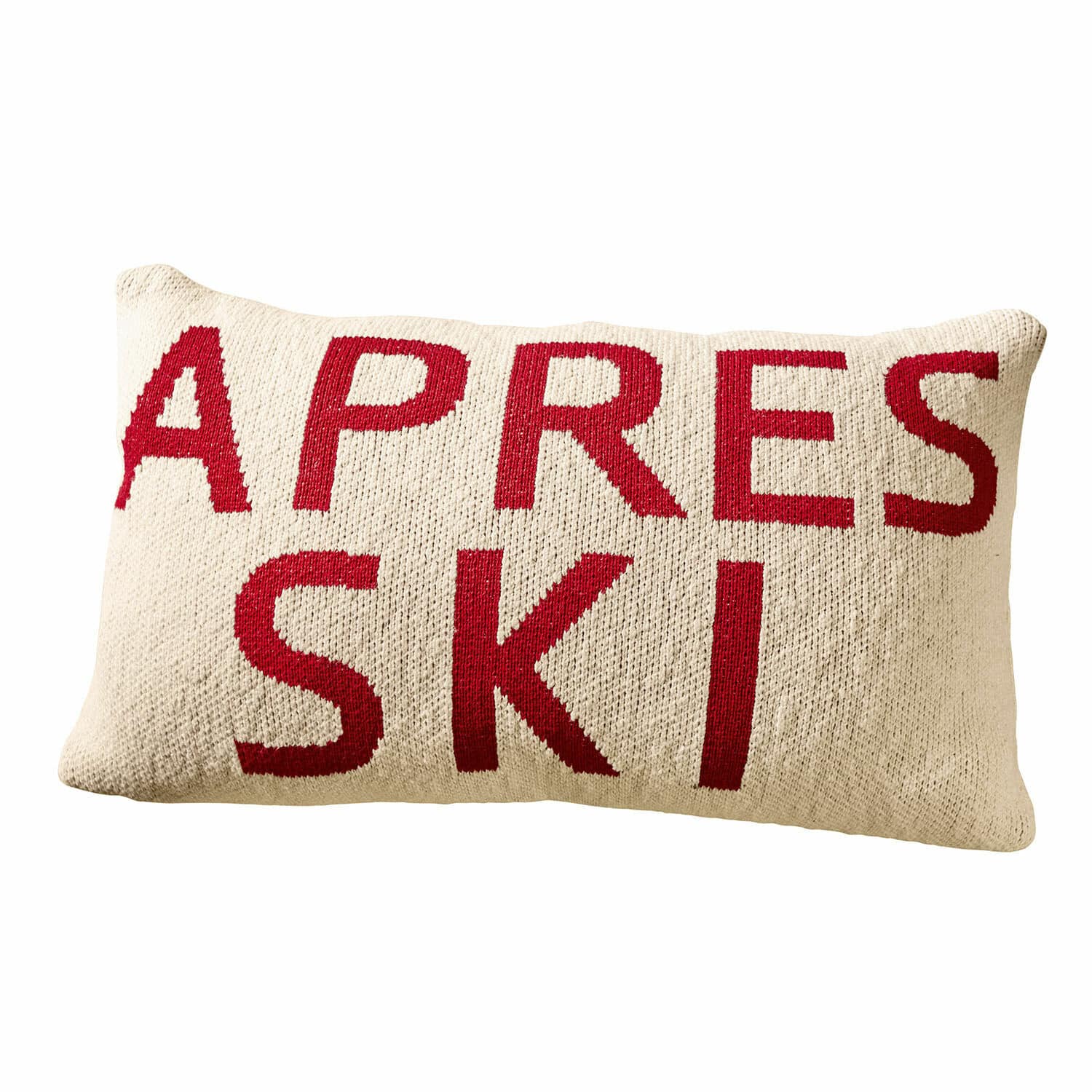 Housse de coussin Apres Ski Coussin rectangulaire crème en tricot avec inscription rouge Apres Ski pour décoration intérieure