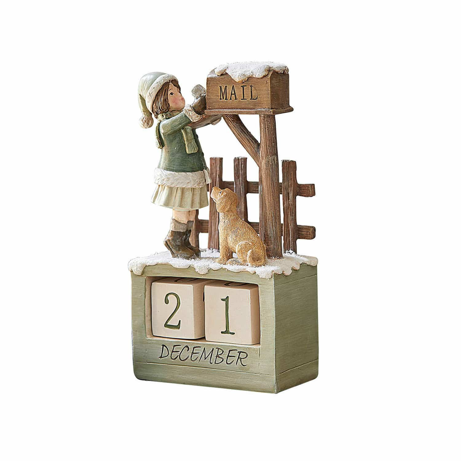 Calendrier Leonce Calendrier en bois avec figurine de fille et chien près d'une boîte aux lettres enneigée en vert et beige