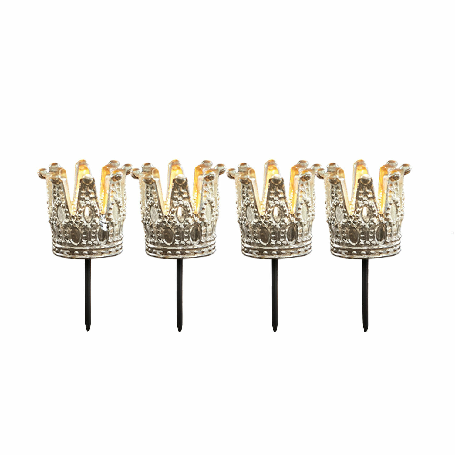 Lot de 4 photophores à piquer Melina Quatre couronnes décoratives en métal avec piquets noirs et éclairage LED doux
