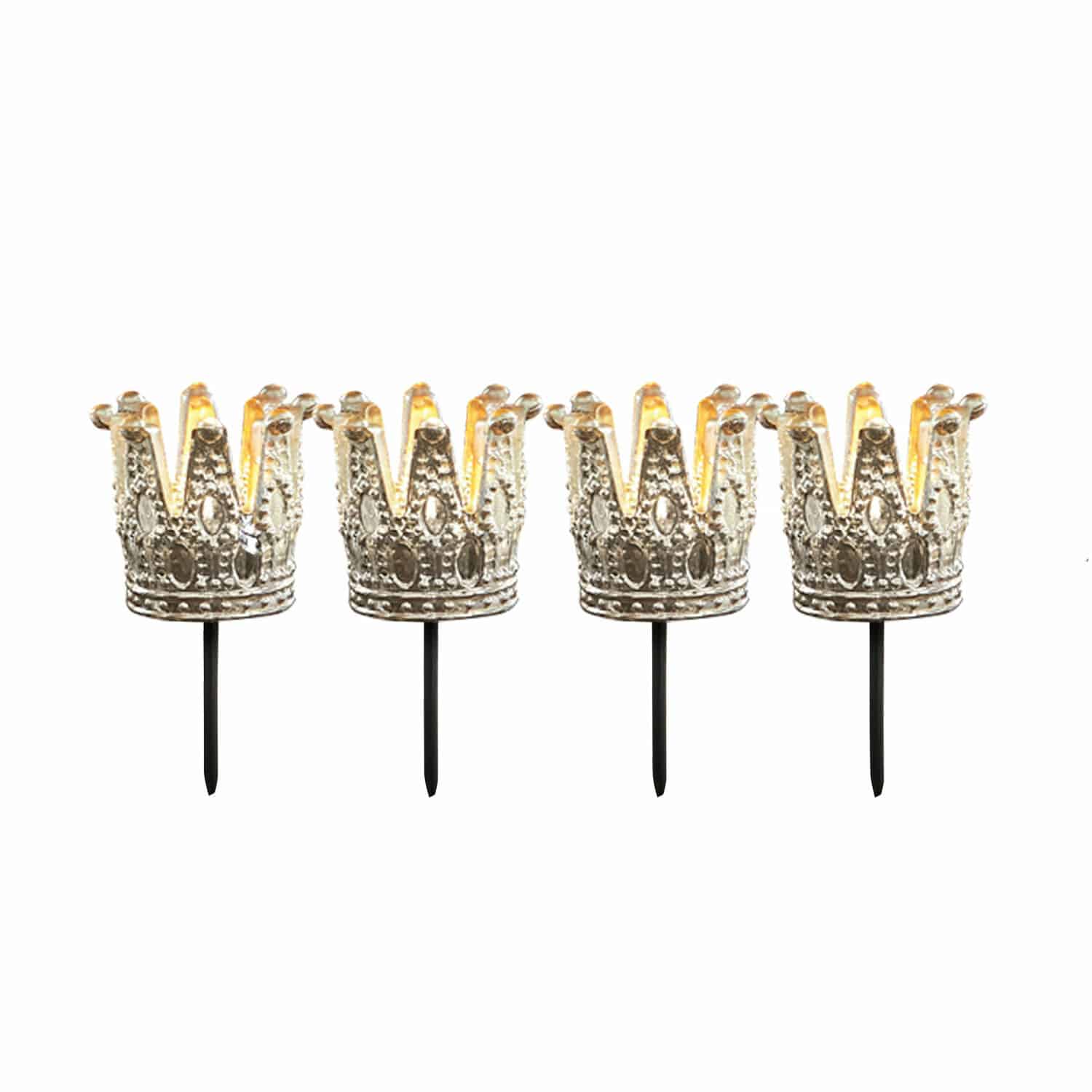 Lot de 4 photophores à piquer Melina Quatre couronnes décoratives en métal avec piquets noirs et éclairage LED doux