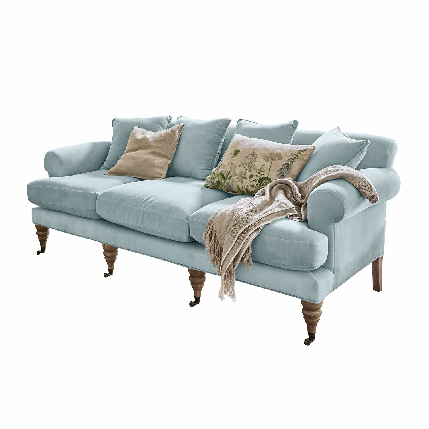 Canapé Kazimir Canapé bleu en velours avec coussins et plaid beige, meuble confortable pour salon moderne