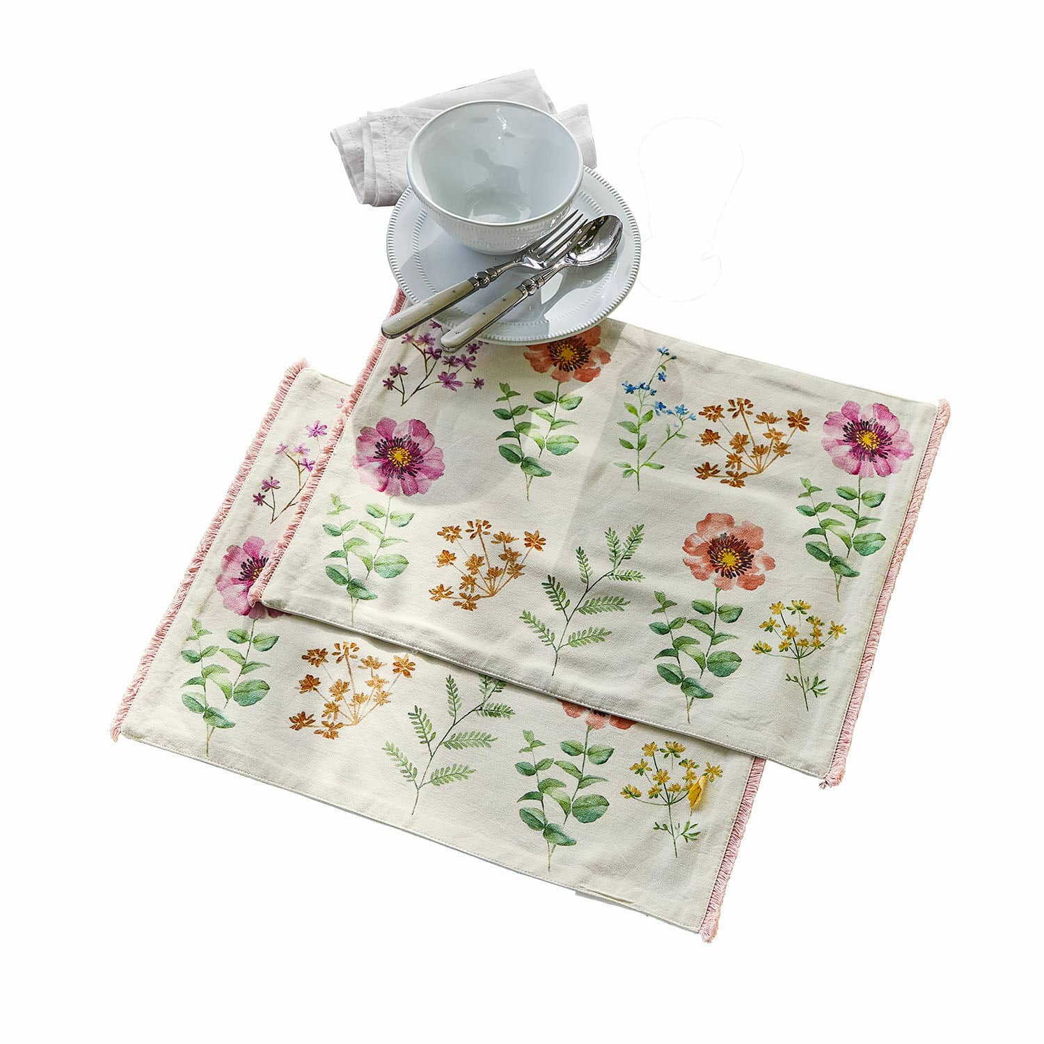 Lot de 2 sets de table Fahzoura Ensemble de deux sets de table en coton avec motif floral aux couleurs pastel pour décoration de table