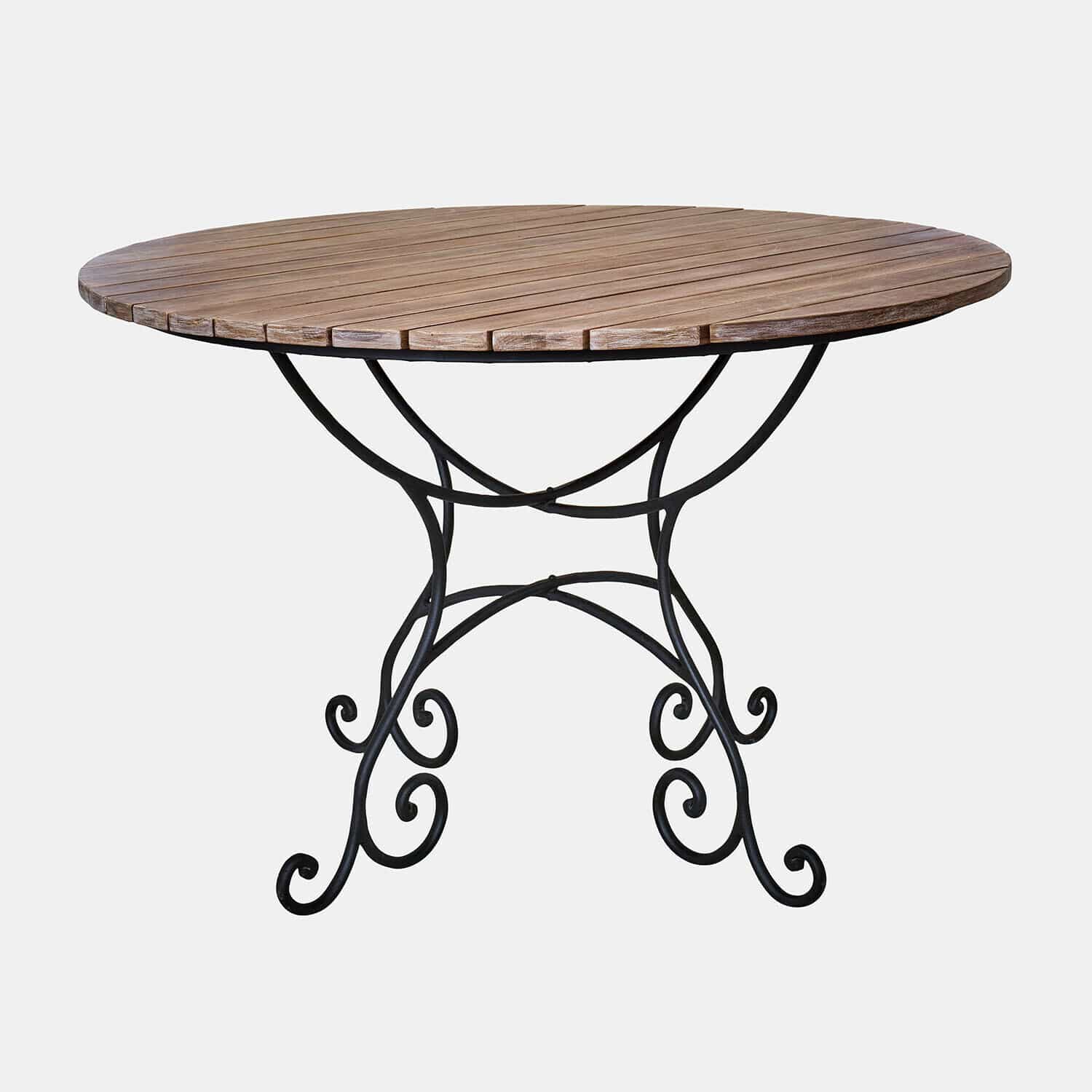 Table Arémont Table ronde avec plateau en bois et pieds en métal noir ornés de volutes, mobilier de jardin