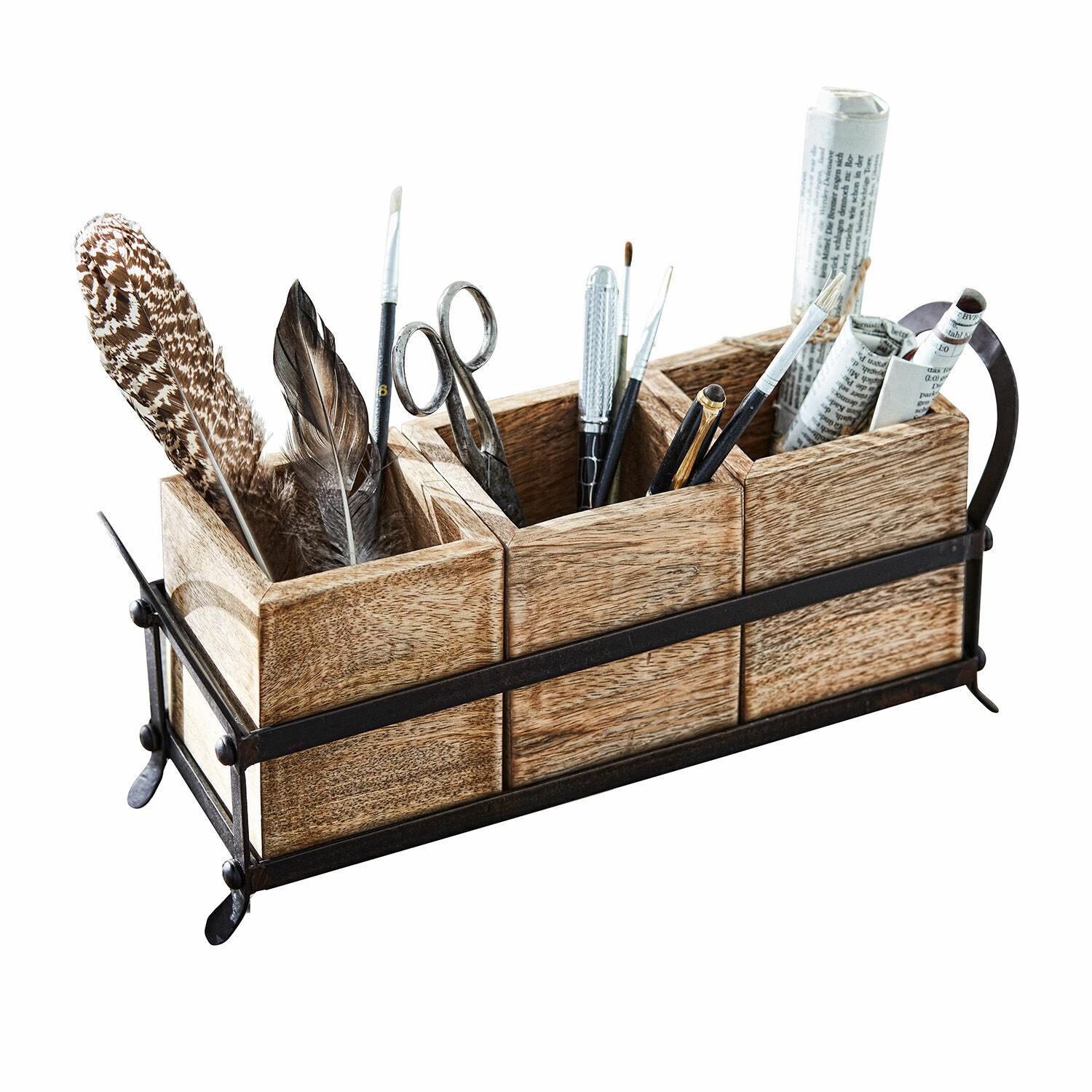 Organiseur Lasse Organisateur de bureau en bois naturel et métal avec plumes et outils d'écriture pour rangement pratique