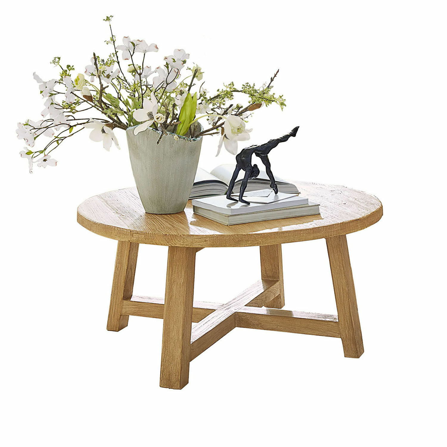 Table basse Gorivel Table basse ronde en chêne naturel avec décoration florale et sculpture sur livres empilés