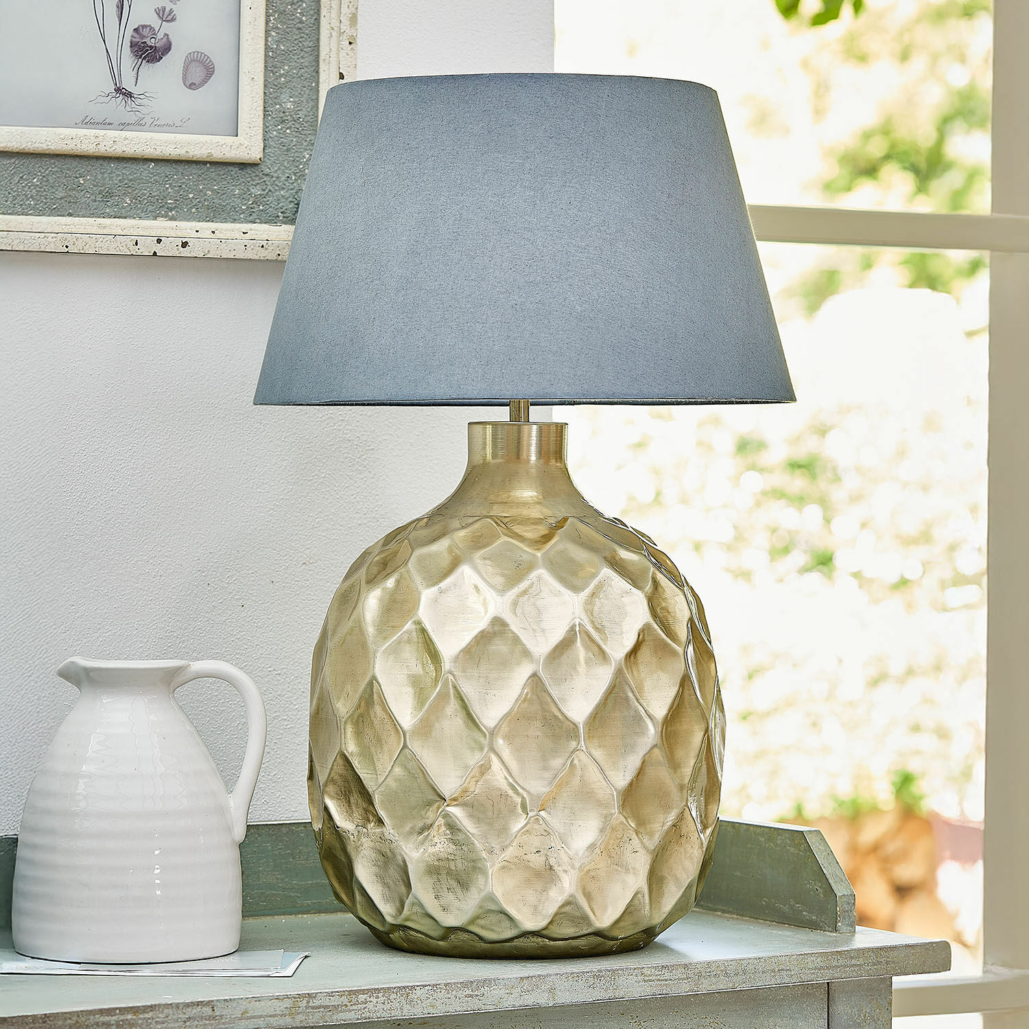 Lampe à poser Maricot Lampe de table en laiton avec abat-jour bleu, lampe décorative pour salon
