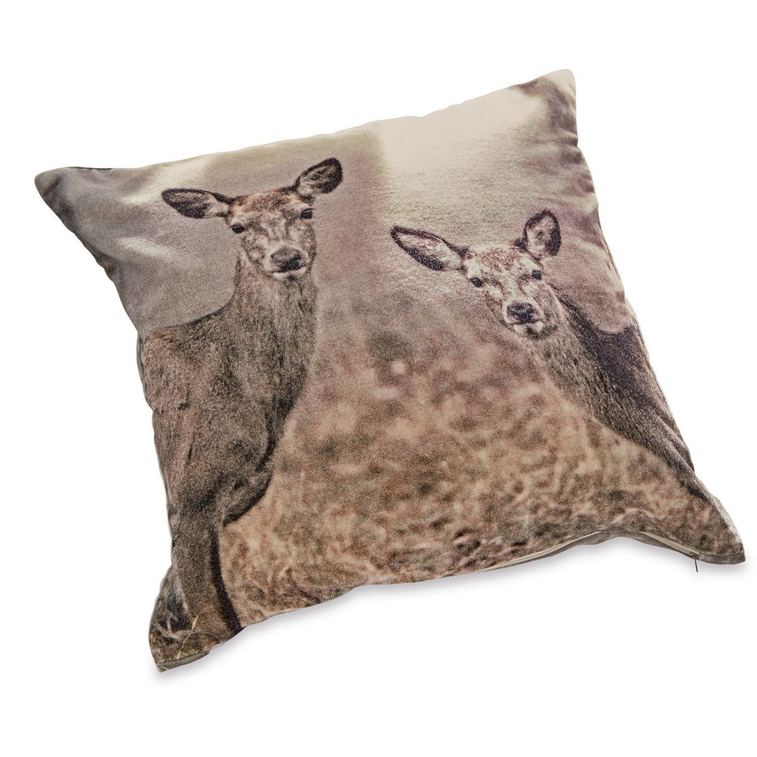 Housse de coussin Amadé Coussin décoratif avec impression de deux cerfs en tons bruns naturels, tissu doux et confortable