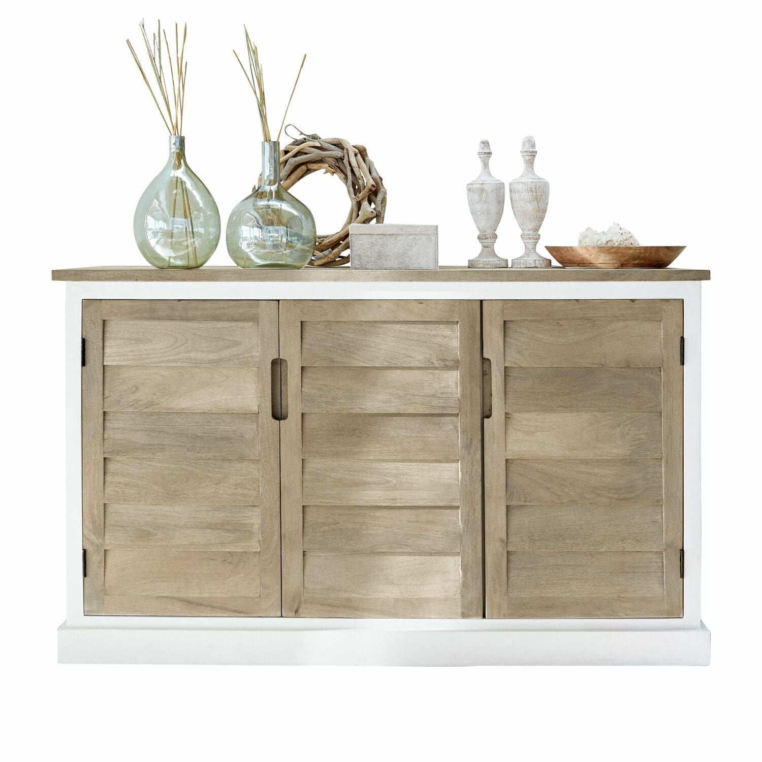 Buffet bas Frapelle Buffet en bois naturel et blanc avec décorations en verre et bois sur le dessus