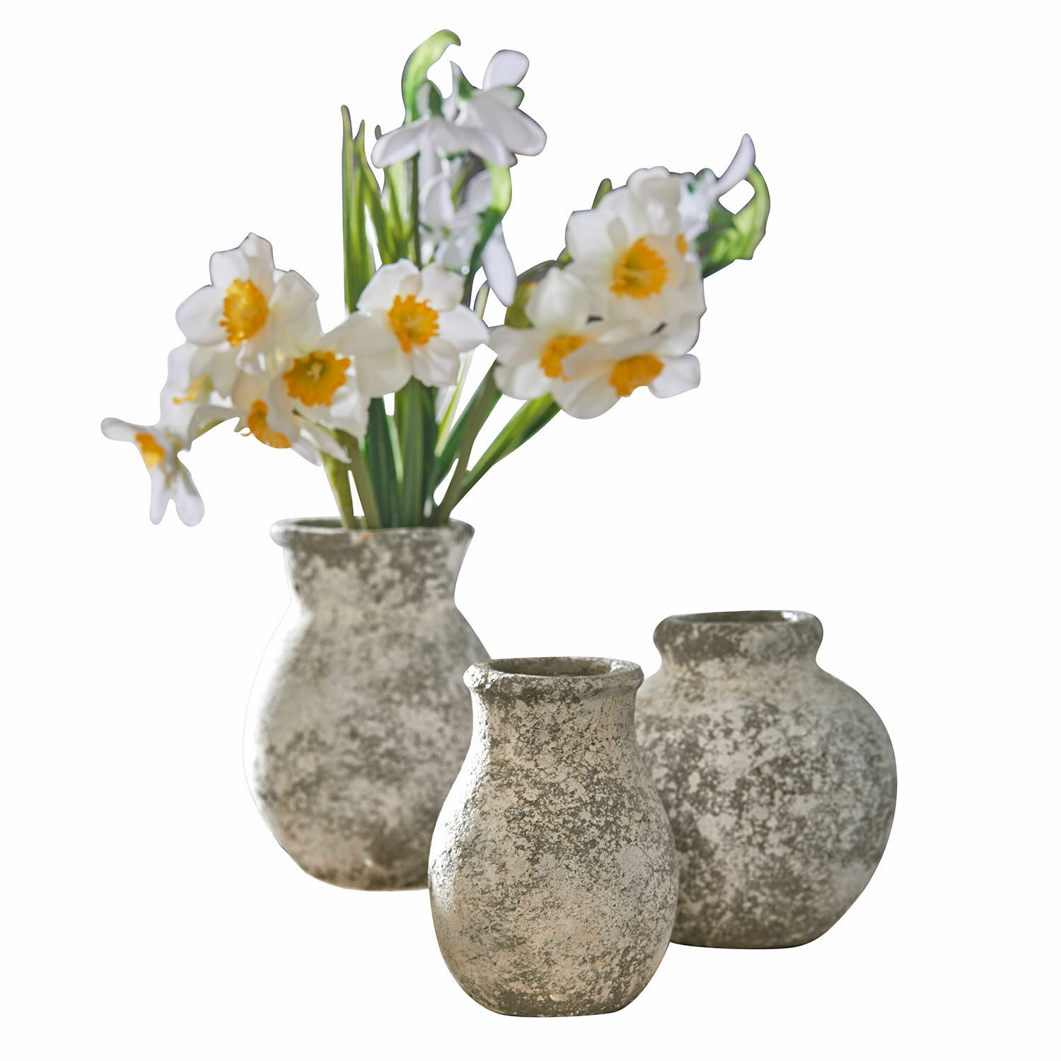 Lot de 3 vases Cerquix Ensemble de trois vases en céramique gris avec fleurs blanches pour décoration intérieure